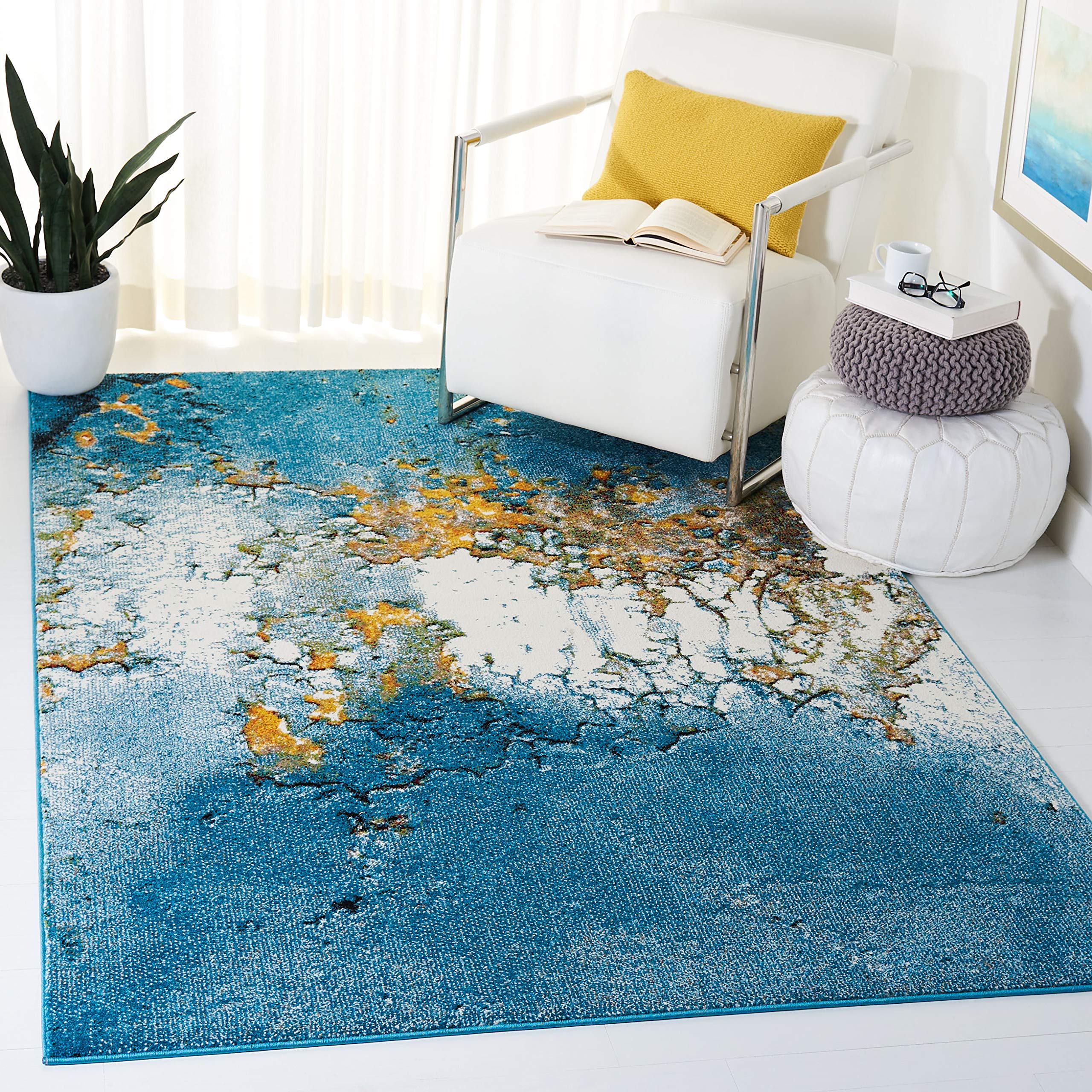 SAFAVIEH Glacier Collection 3 Square Blue/Gold GLA125M Modern Abstract Non-Shedding Living Room Bedroom Area Rug
