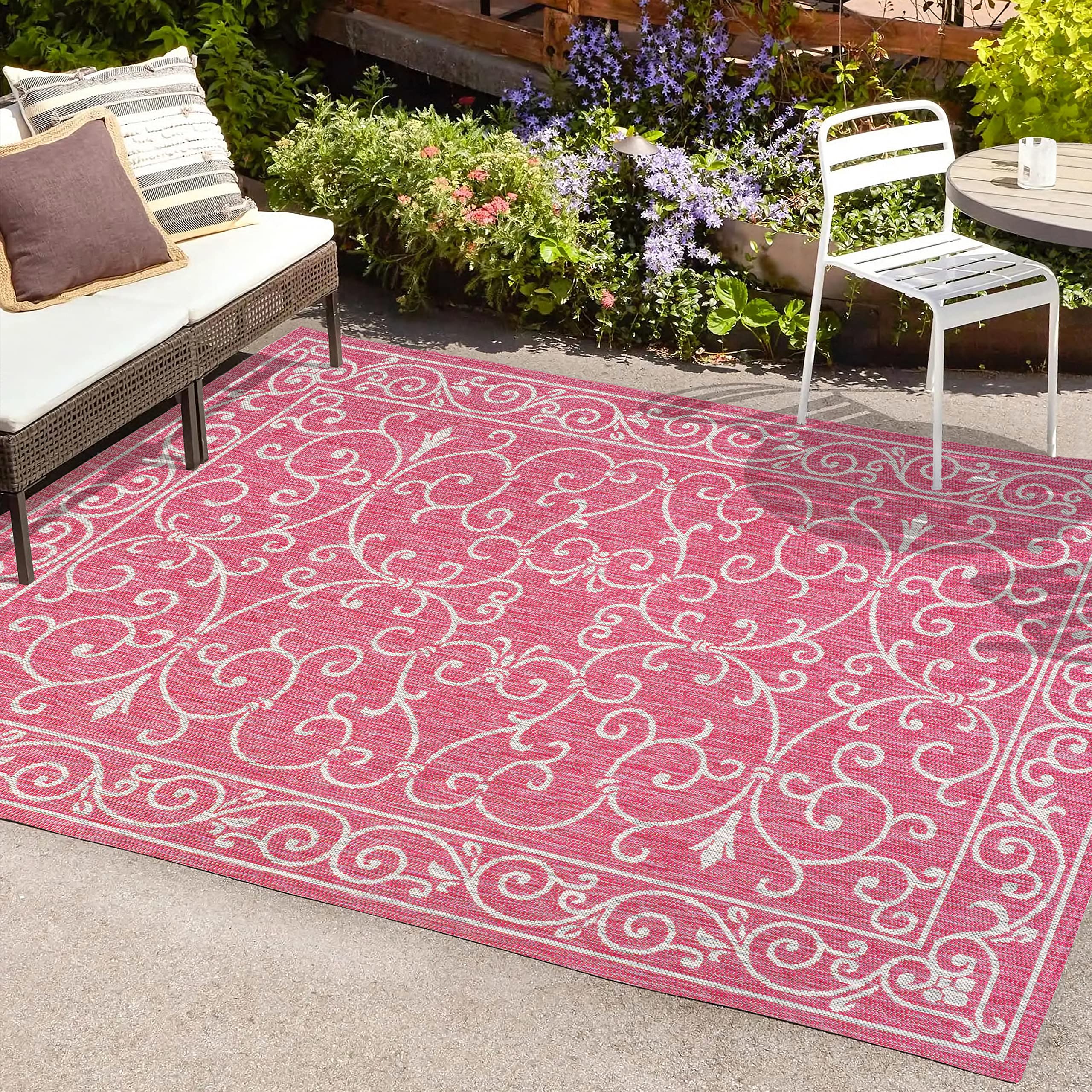 Jonathan Y Smb106J-9 Charleston Vintage Filigree Textured Weave Indoor Outdoor Area-Rug, Classic Traditional Easy-Cleaning,Bedroom,Kitchen,Backyard,Patio,Non Shedding, 9 X 12, Fuchsia/Light Gray