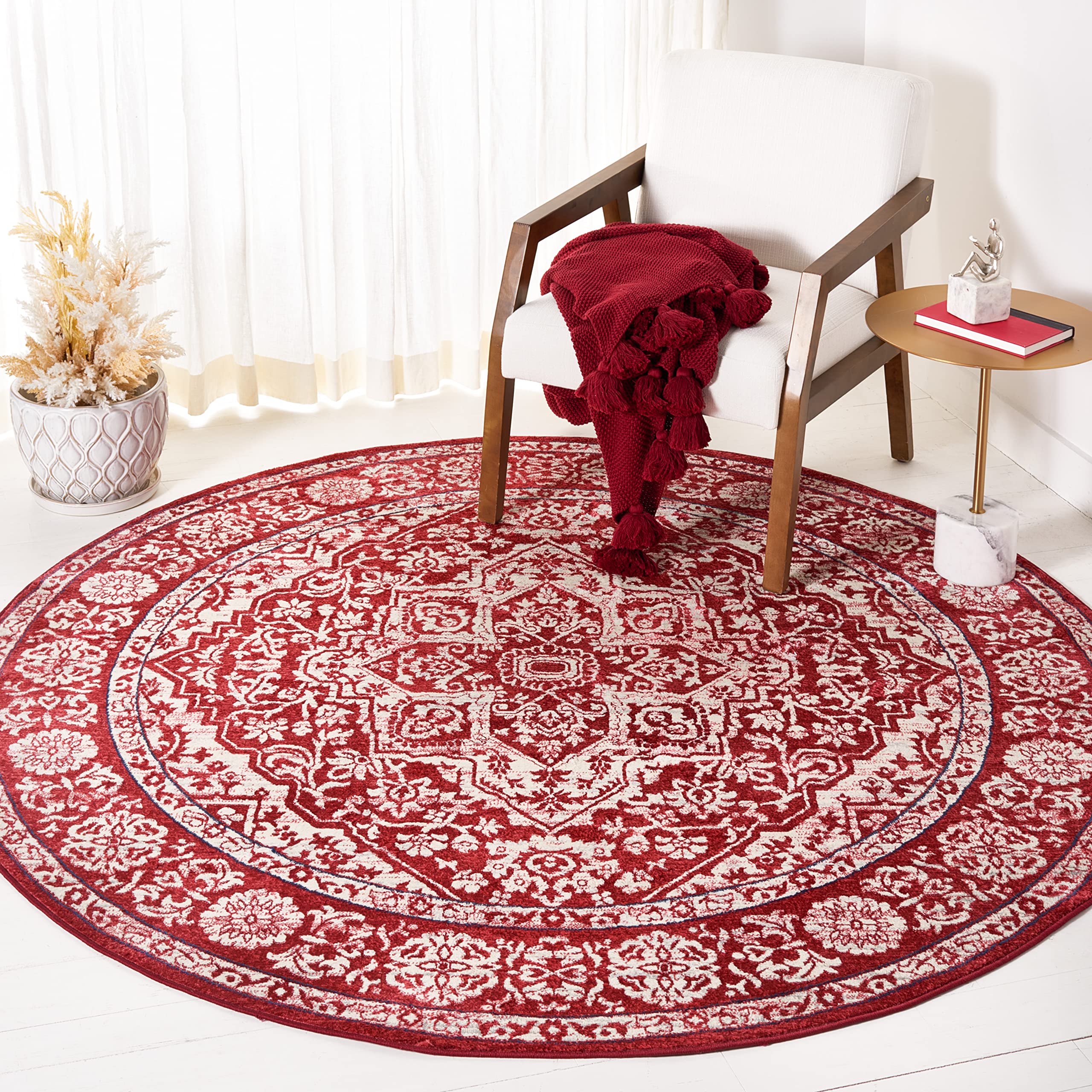 SAFAVIEH Brentwood Collection 67 Round Red / Ivory BNT832Q Medallion Distressed Non-Shedding Dining Room Entryway Foyer Living 