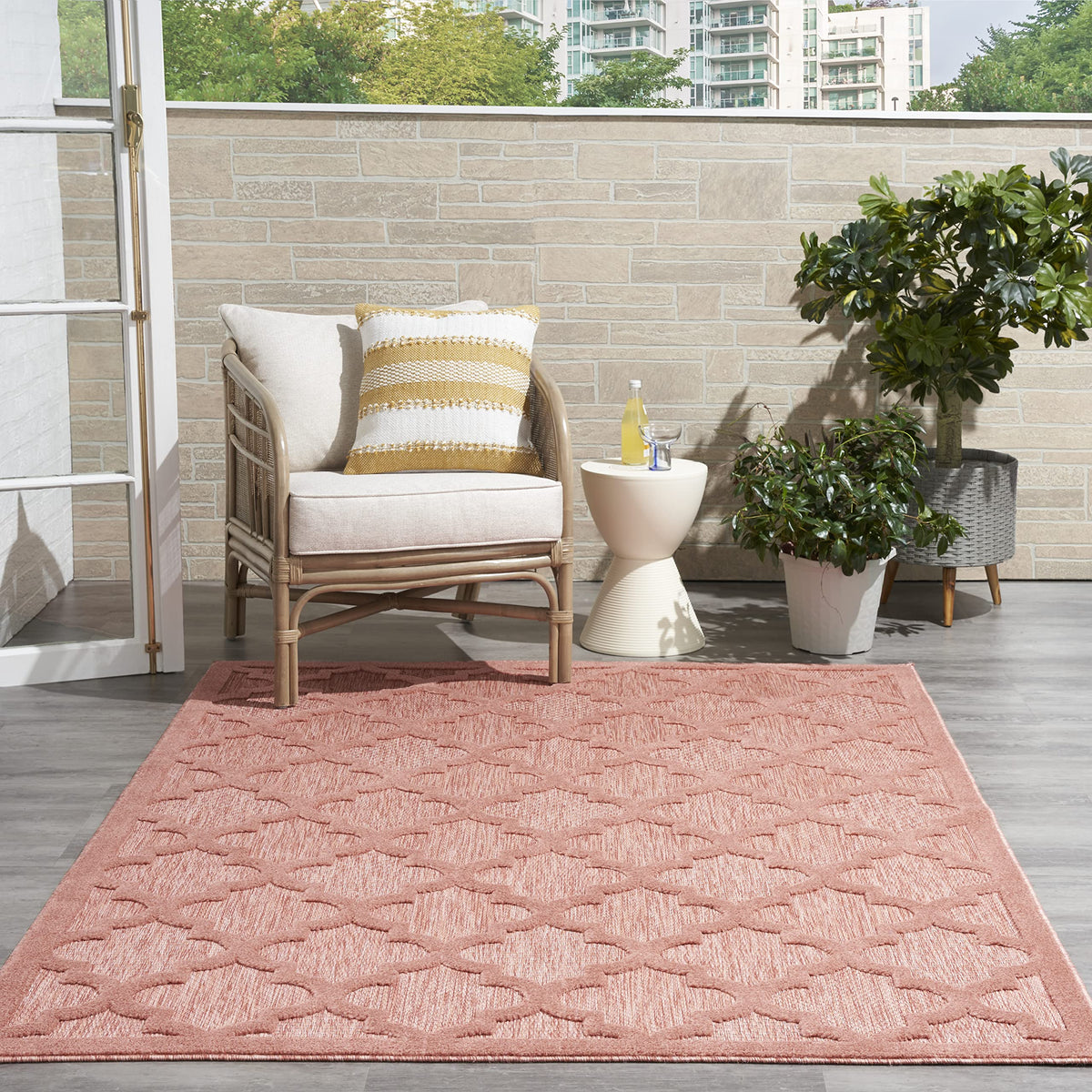 Nourison Easy Care Moroccan Coral/Orange 6' X 9' Area Rug, Trellis, Easy Cleaning, Non Shedding, Bed Room, Living Room, Dining R