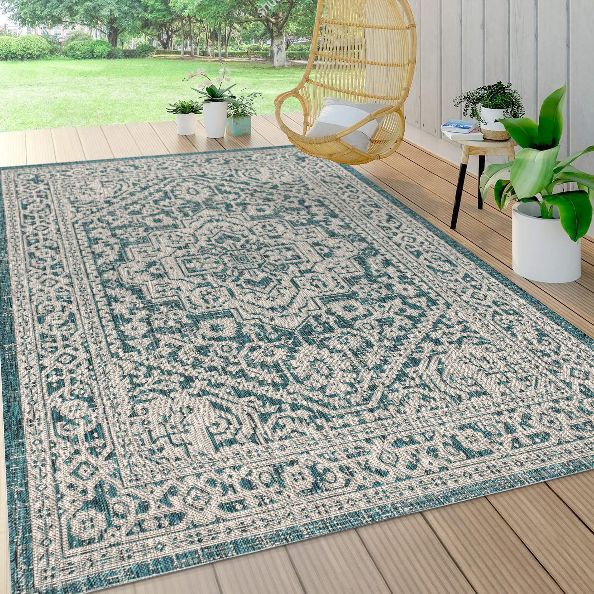 Jonathan Y Smb101C-8 Sinjuri Medallion Textured Weave Indoor/Outdoor Teal Blue/Gray 8 Ft. X 10 Ft. Area-Rug, Coastal,Easy-Cleani