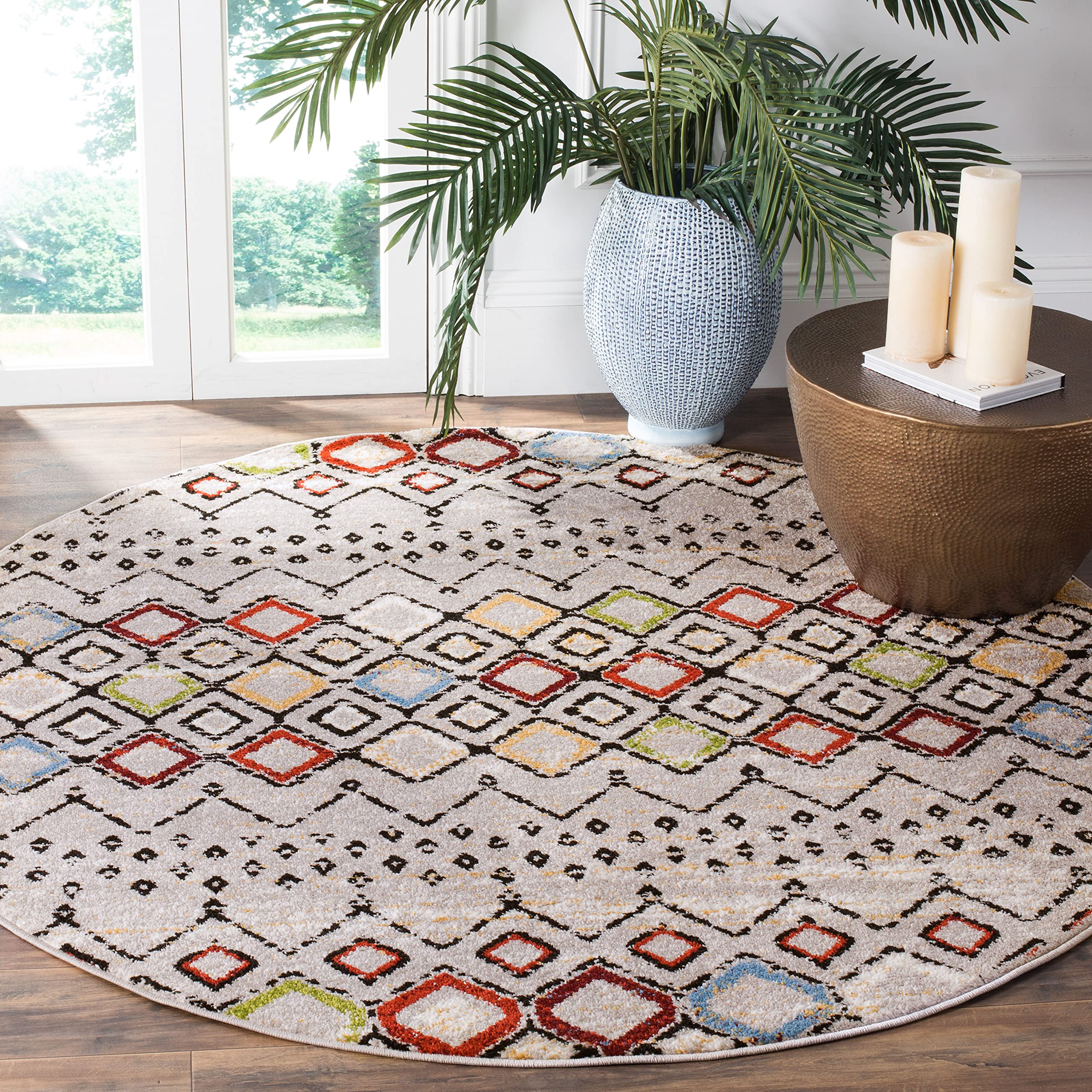 SAFAVIEH Amsterdam Collection 12' Round Light Grey/Multi AMS108G Moroccan Boho Non-Shedding Entryway Foyer Living Room Bedroom K