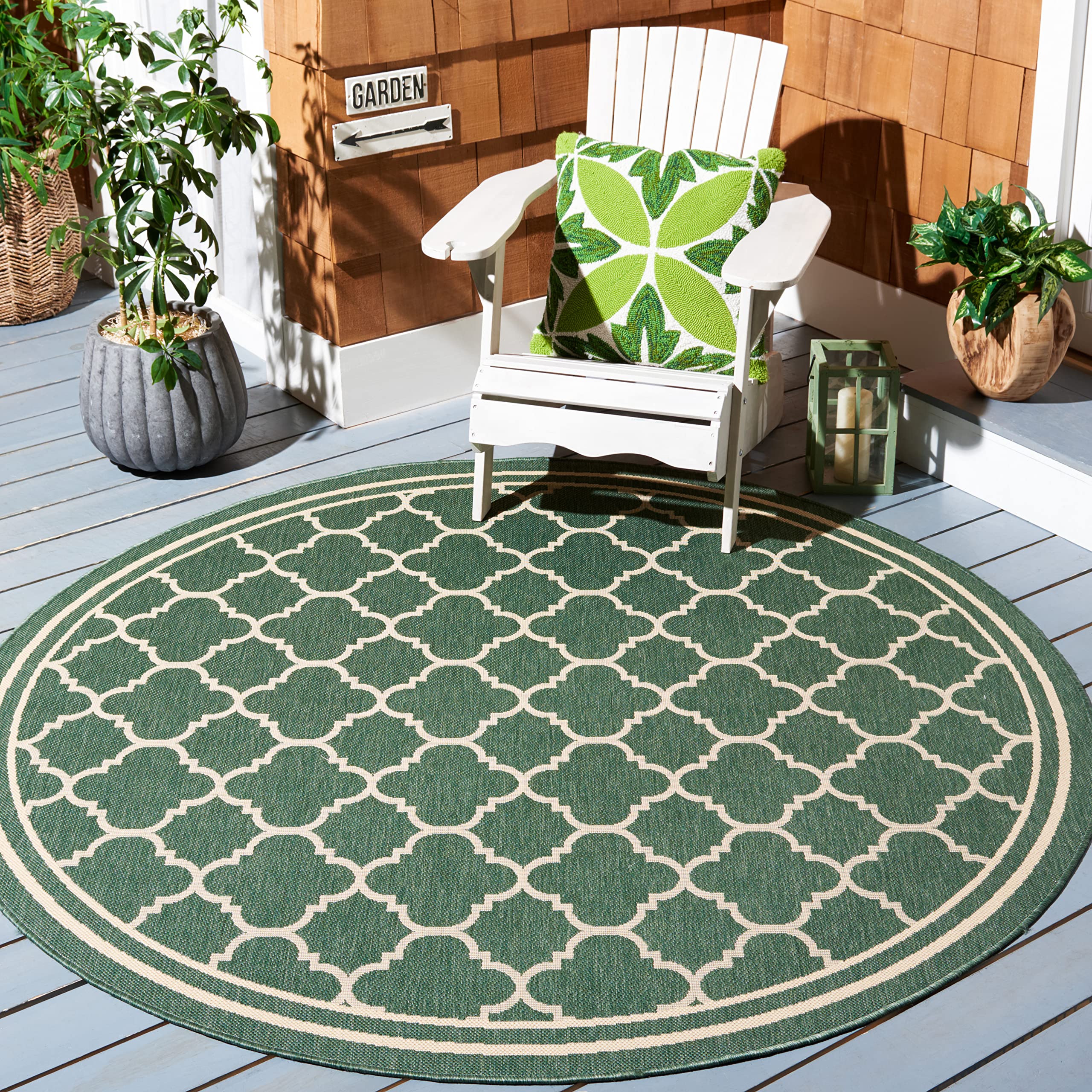 Safavieh Courtyard Collection 6'7'' Round Dark Green/Beige Cy6918 Moroccan Trellis Geometric Indoor/ Outdoor -Waterproof Easy -Cleaning Patio Backyard Mudroom Area -Rug