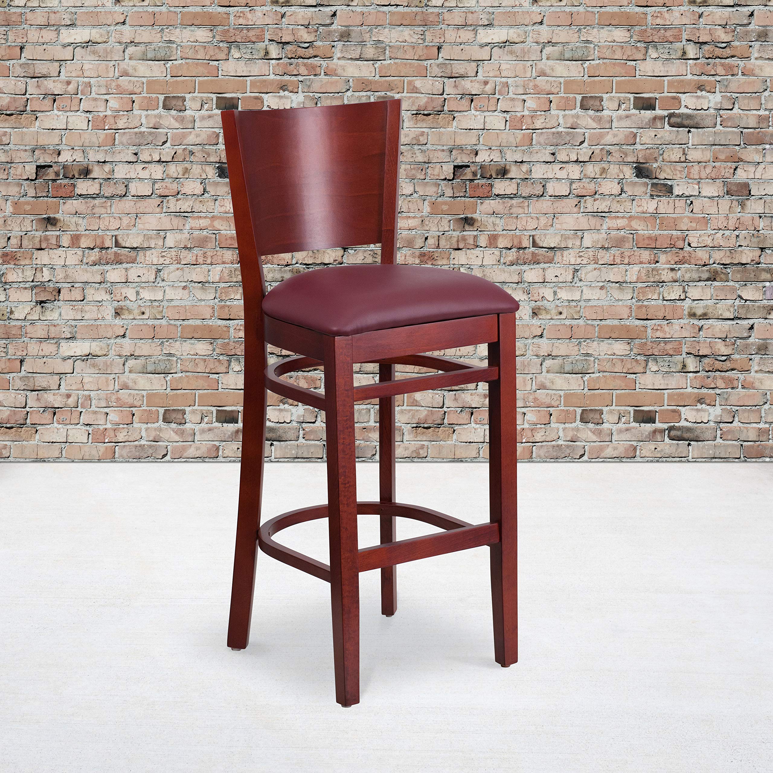 2 Pk. Lacey Series Solid Back Mahogany Wooden Barstool - Burgundy Vinyl Seat