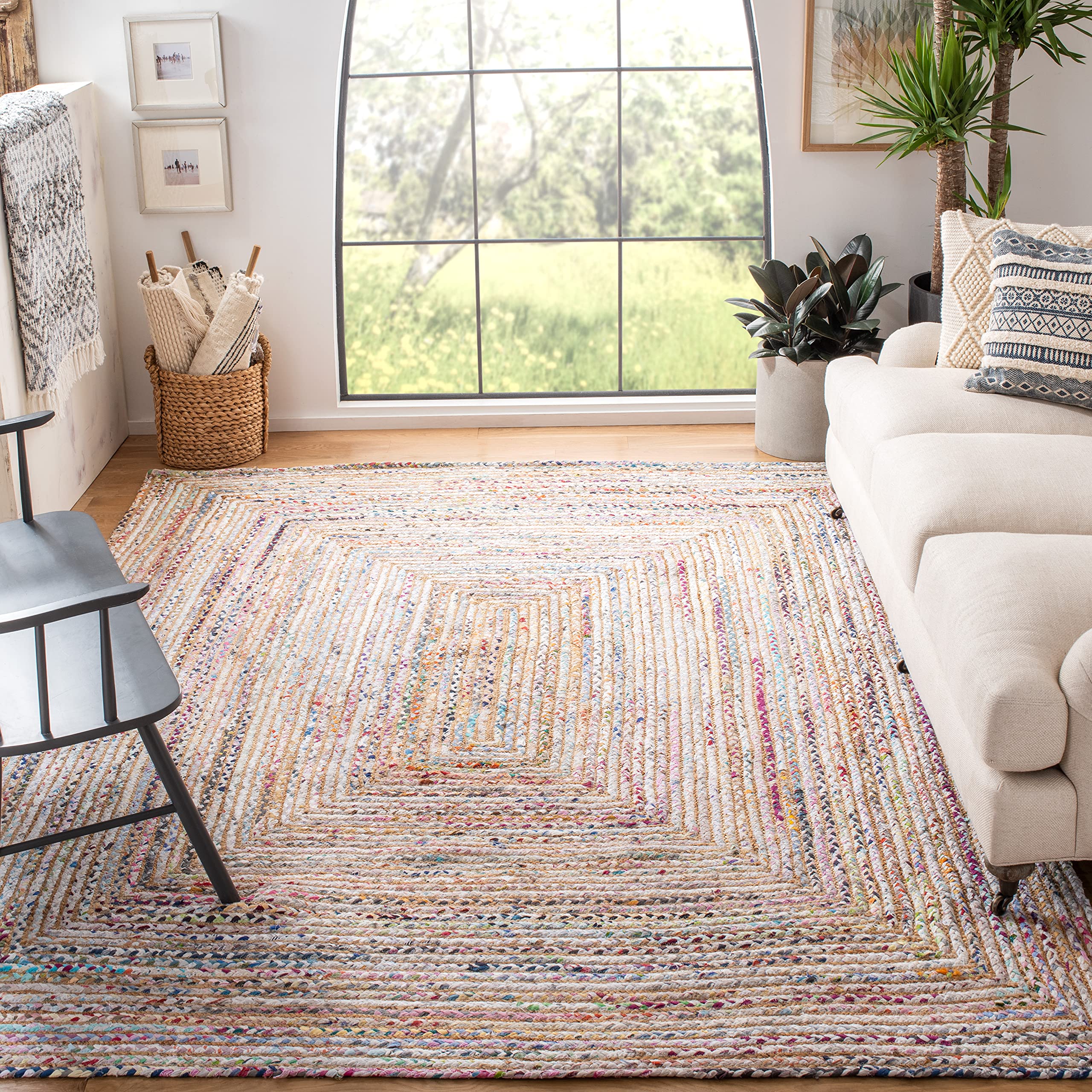 SAFAVIEH Cape Cod Collection Area Rug - 7 Square, Beige & Multi, Handmade Boho Braided Jute & Cotton, Ideal for High Traffic Ar