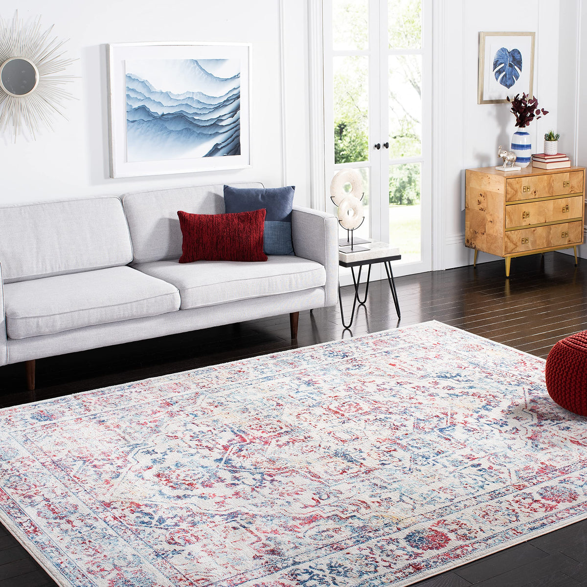 SAFAVIEH Brentwood Collection 6'7'' Square Ivory/Blue BNT832B Medallion Distressed Non-Shedding Living Room Bedroom Area Rug