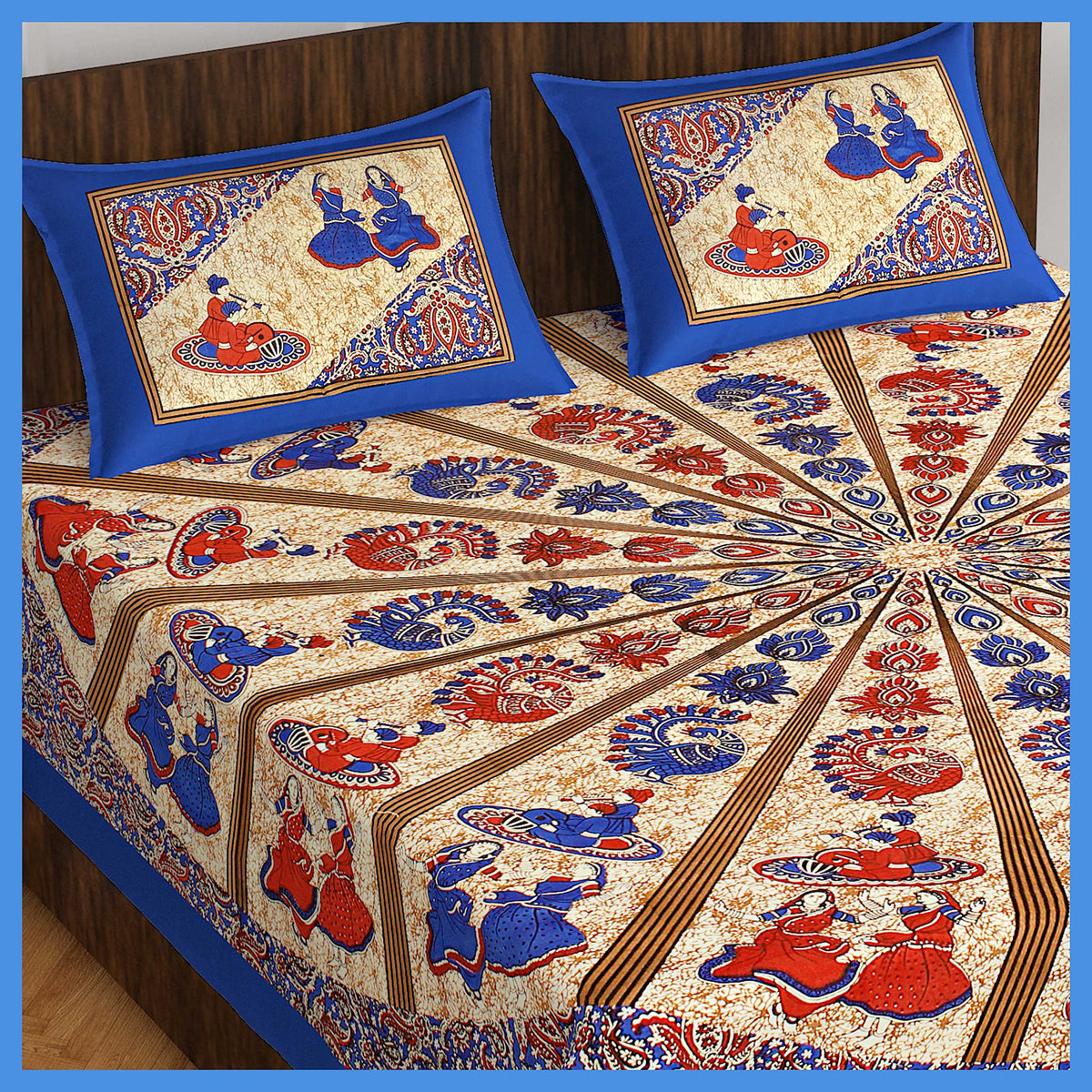 Meejoya Cotton Rajasthani Jaipuri Traditional King Size Double Bed Bedsheet with 2 Pillow Covers  Jaipuri_137