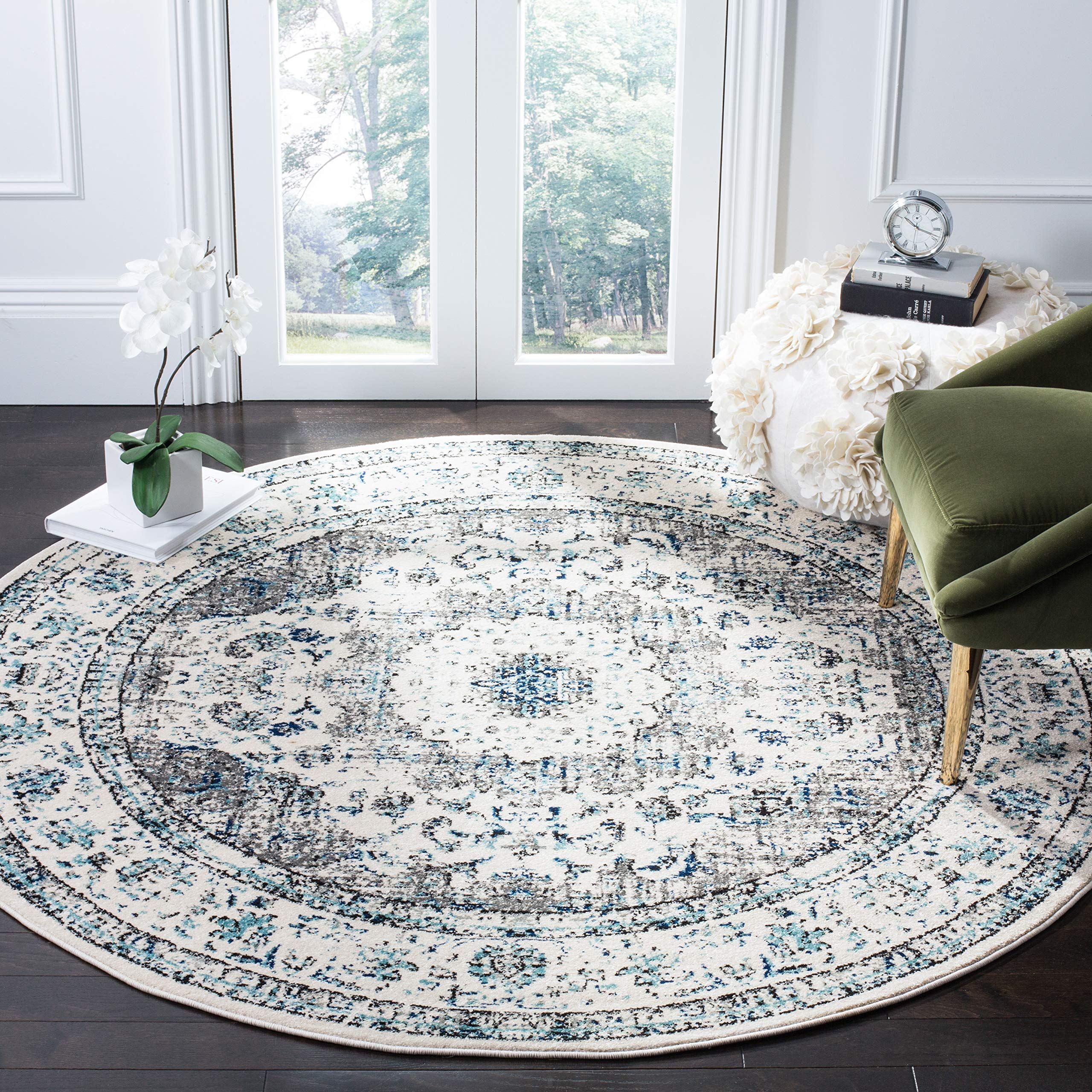 SAFAVIEH Evoke Collection 11 Round Ivory/Grey EVK220D Shabby Chic Oriental Medallion Non-Shedding Dining Room Entryway Foyer Li