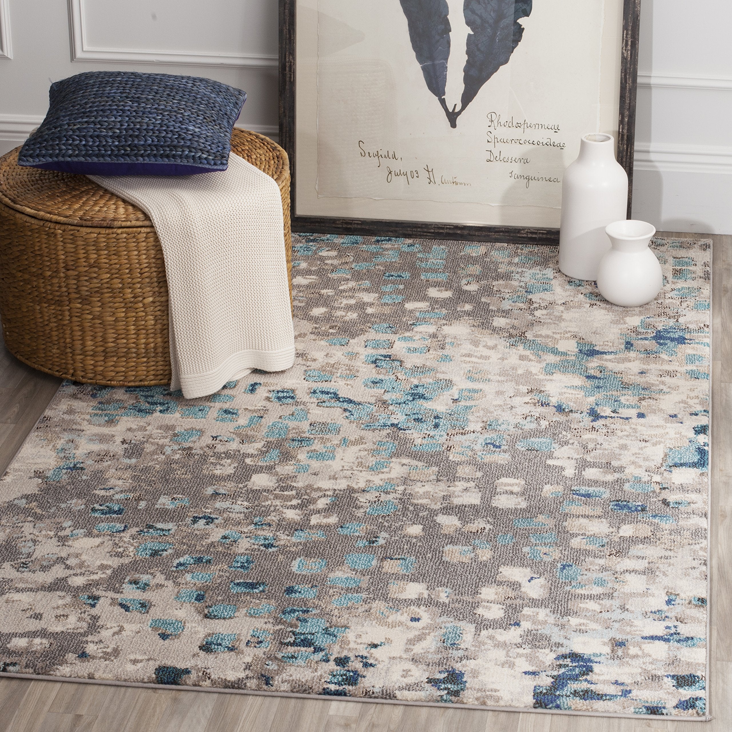SAFAVIEH Monaco Collection Accent Rug - 4 x 57, Grey & Light Blue, Abstract Watercolor Design, Non-Shedding & Easy Care, Ideal