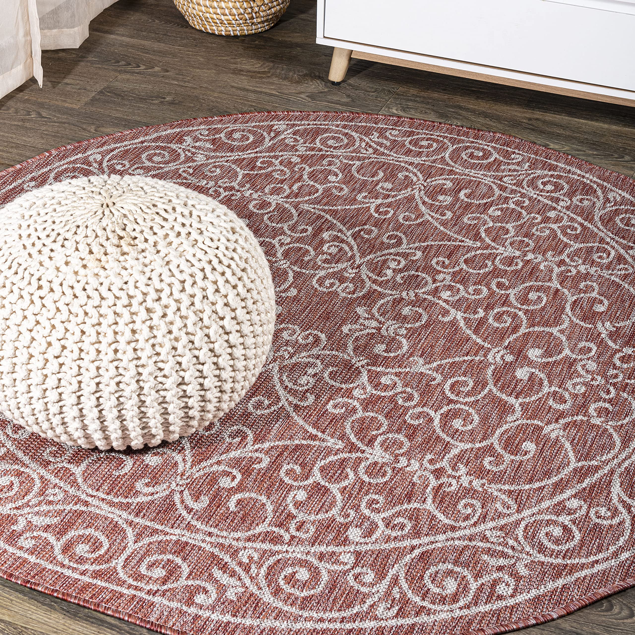 Jonathan Y Smb106B-4R Charleston Vintage Filigree Textured Weave Red/Beige 4' Round Indoor/Outdoor Area Rug, Pet Friendly, Non-S