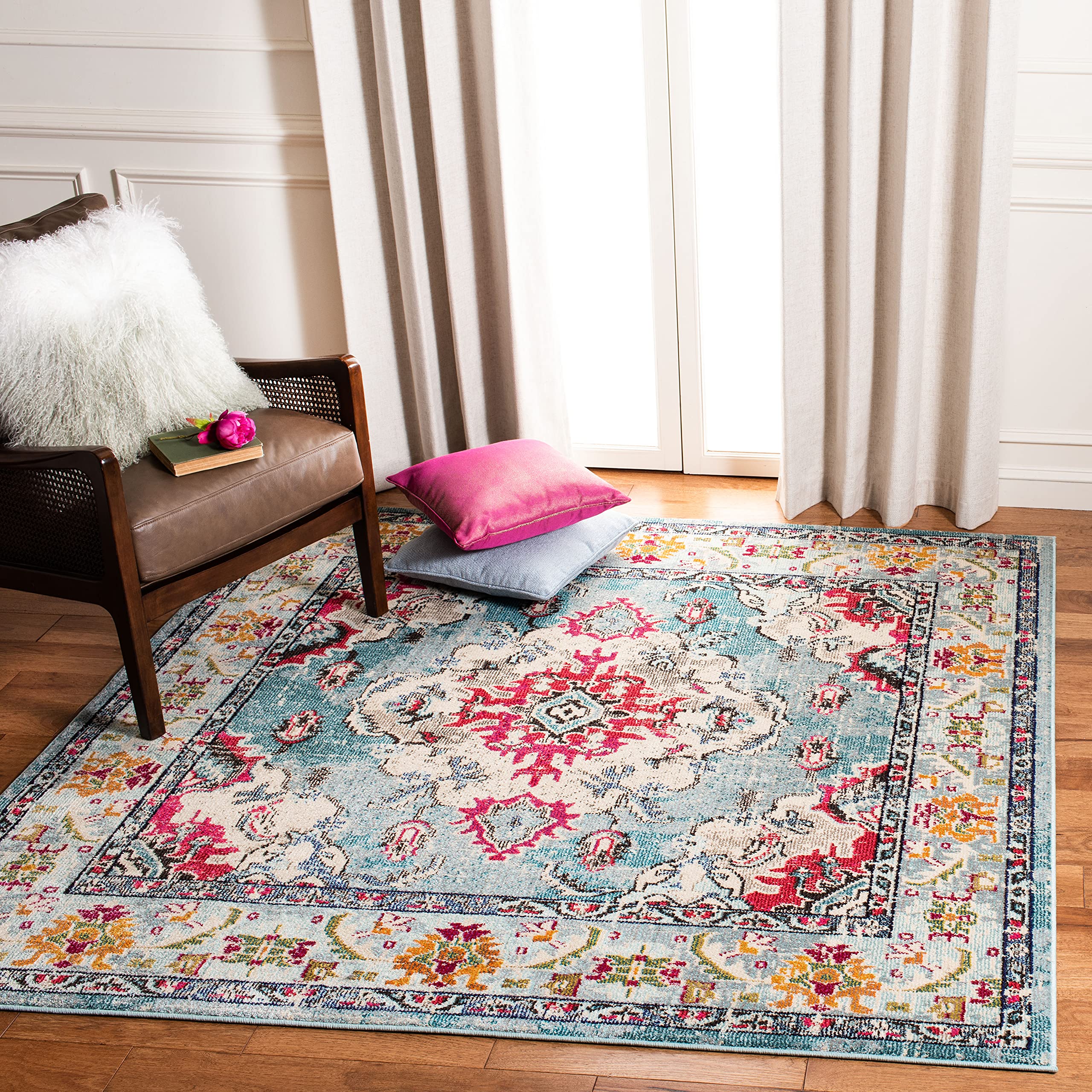 SAFAVIEH Monaco Collection 3 Square Light Blue/Fuchsia MNC243J Boho Chic Medallion Distressed Non-Shedding Living Room Bedroom 