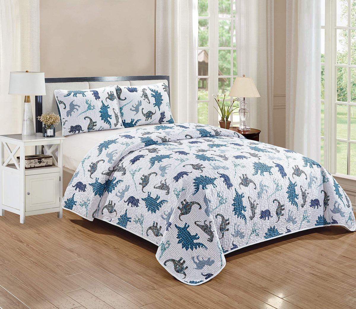 Kids Zone Dinosaurs Quilted Bedspread Set For Boys/Teens Blue Navy Blue Black White Dino Kingdom New (Full/Queen)
