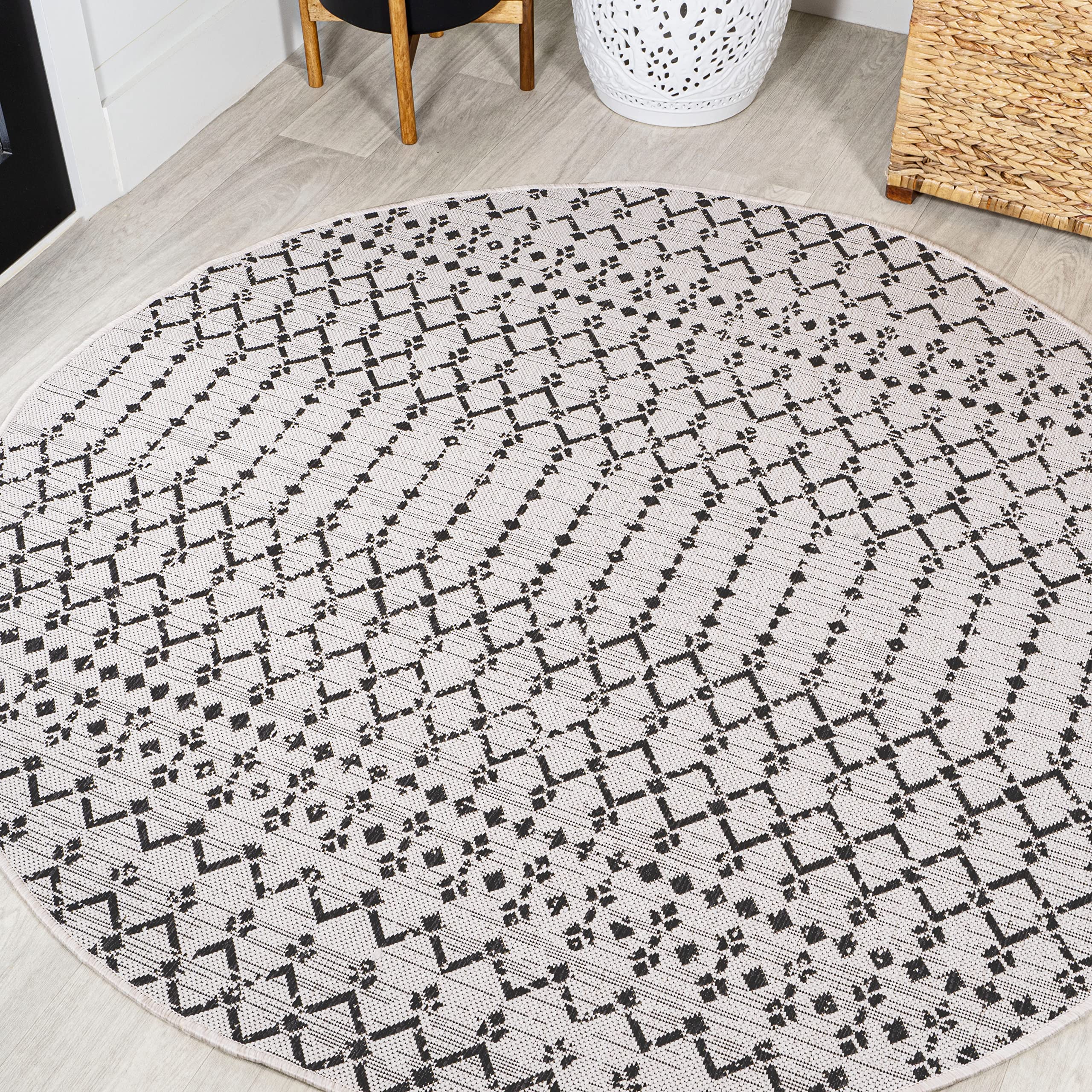 Jonathan Y Smb108I-9R Ourika Moroccan Geometric Textured Weave Cream/Black 9' Round Indoor/Outdoor Area Rug, Pet Friendly, Non-S