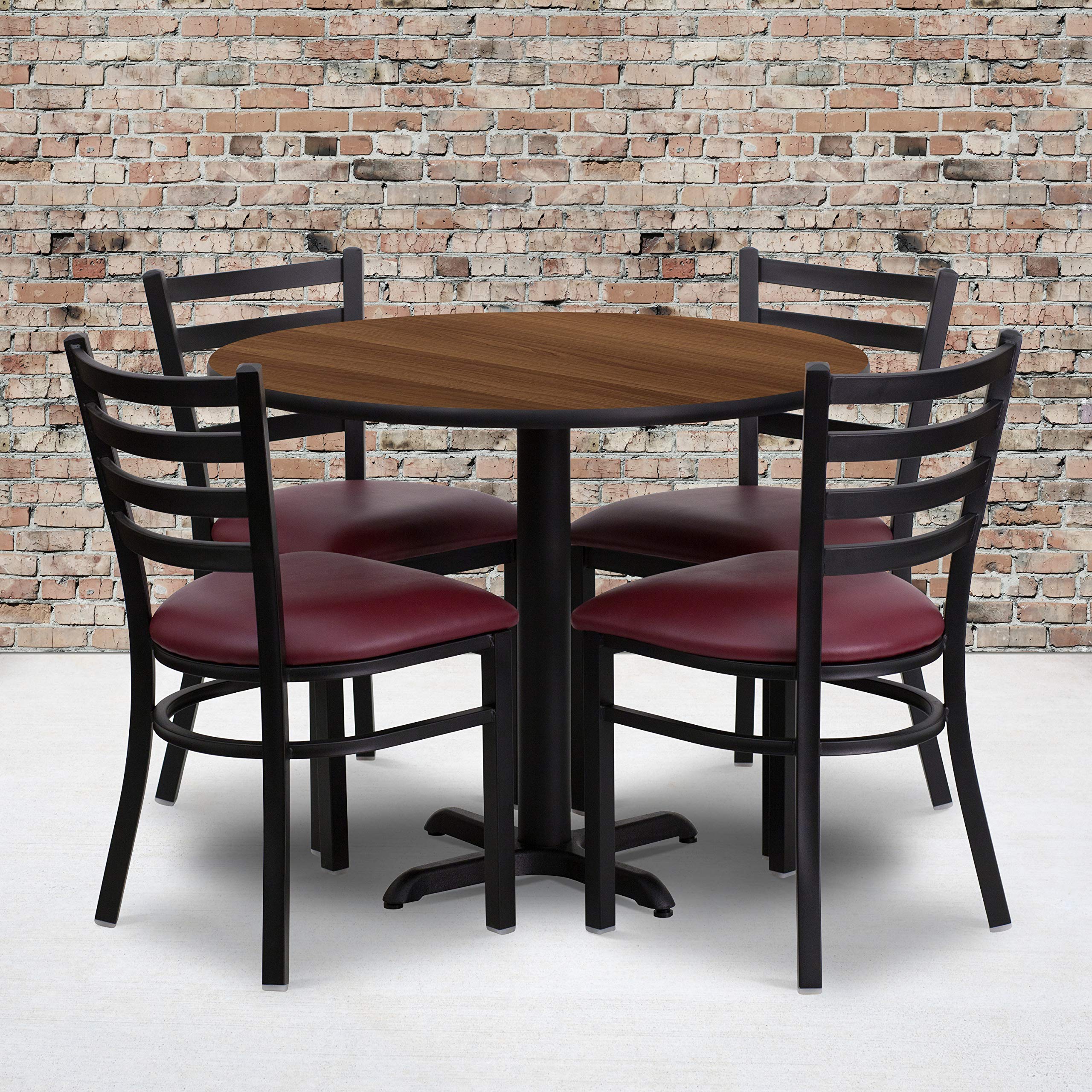 Flash Furniture Carlton 36'' Round Walnut Laminate Table Set With X-Base And 4 Ladder Back Metal Chairs - Burgundy Vinyl Seat