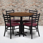 Flash Furniture Carlton 36'' Round Walnut Laminate Table Set With X-Base And 4 Ladder Back Metal Chairs - Burgundy Vinyl Seat