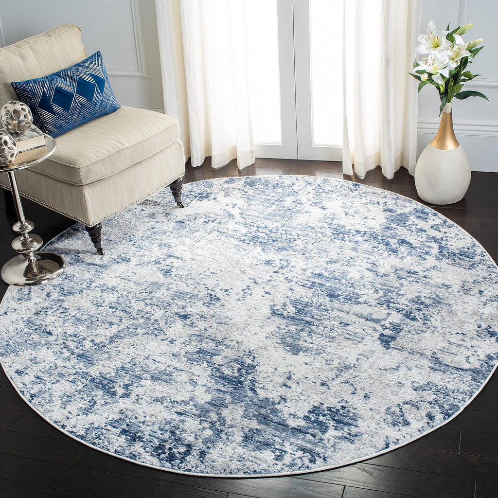 SAFAVIEH Amelia Collection Area Rug - 6'7'' Round, Navy & Grey, Modern Abstract Design, Non-Shedding & Easy Care, Ideal for High