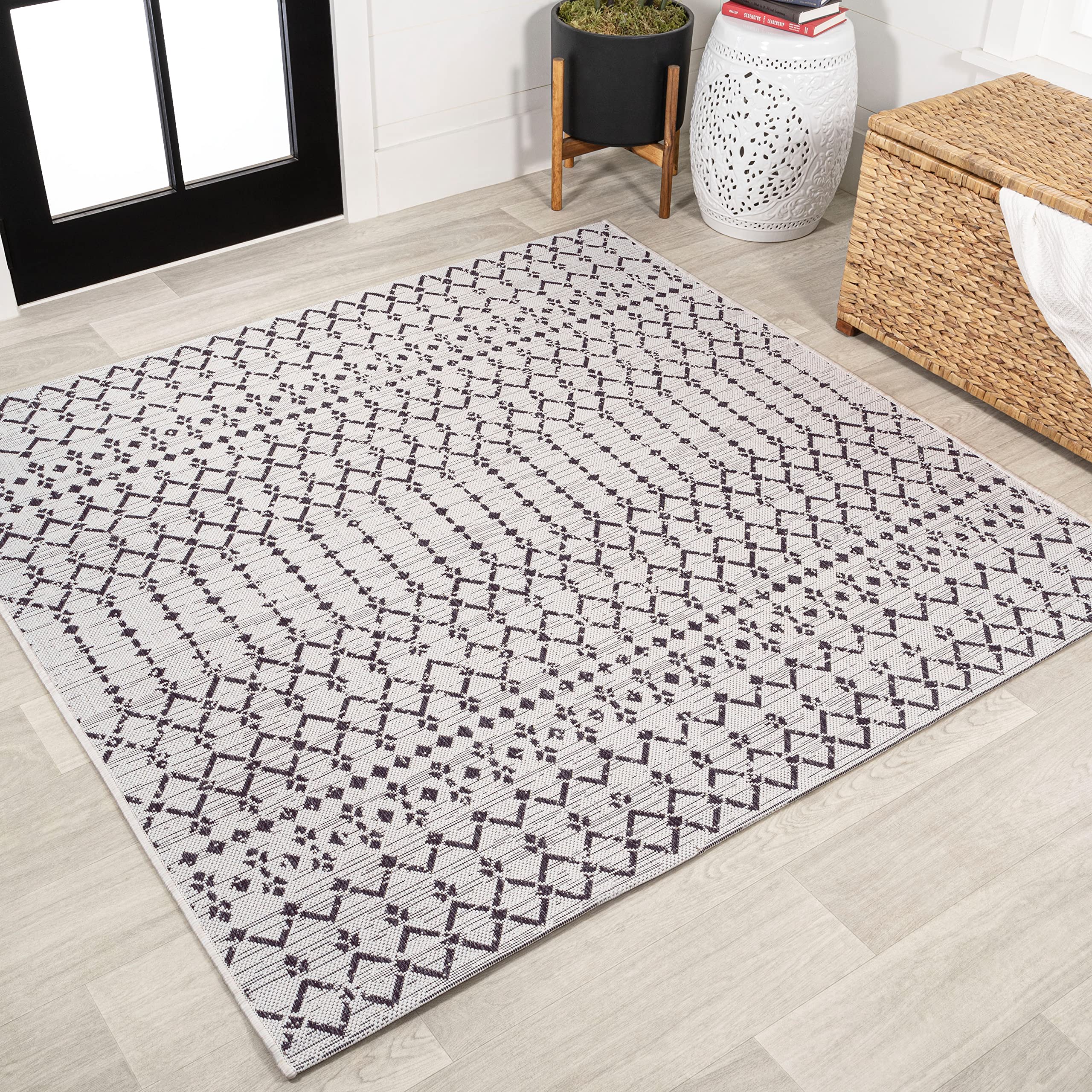 JONATHAN Y SMB108I-3SQ Ourika Moroccan Geometric Textured Weave Cream/Black 3 Square Indoor/Outdoor Area Rug, Pet Friendly, Non