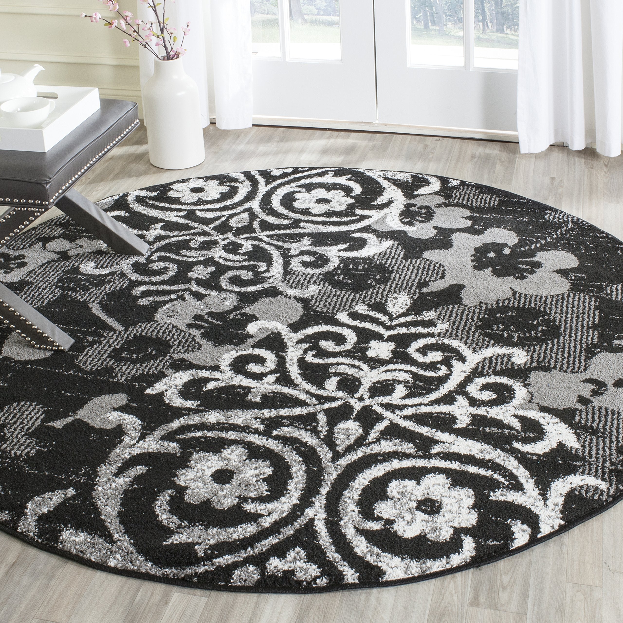 SAFAVIEH Adirondack Collection 3 Round Black/Silver ADR114A Floral Glam Damask Distressed Non-Shedding Living Room Dining Bedro