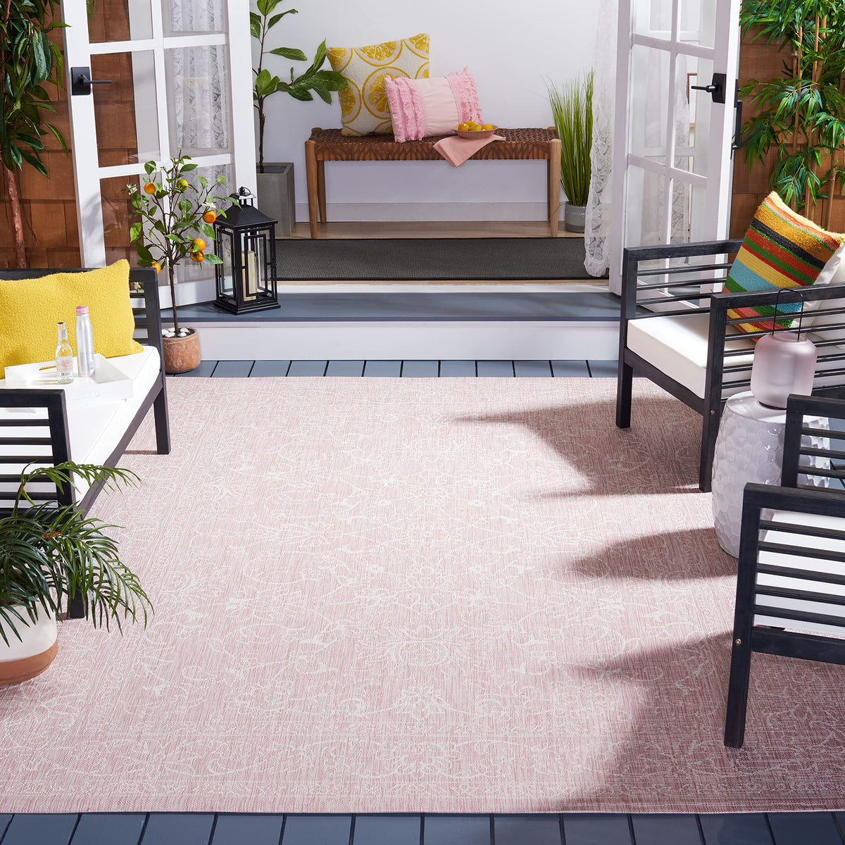 Safavieh Courtyard Collection 6'7' Square Soft Pink/Ivory Cy8680 Indoor/ Outside Waterproof Easy Cleansingpatio Backyard Mudroo