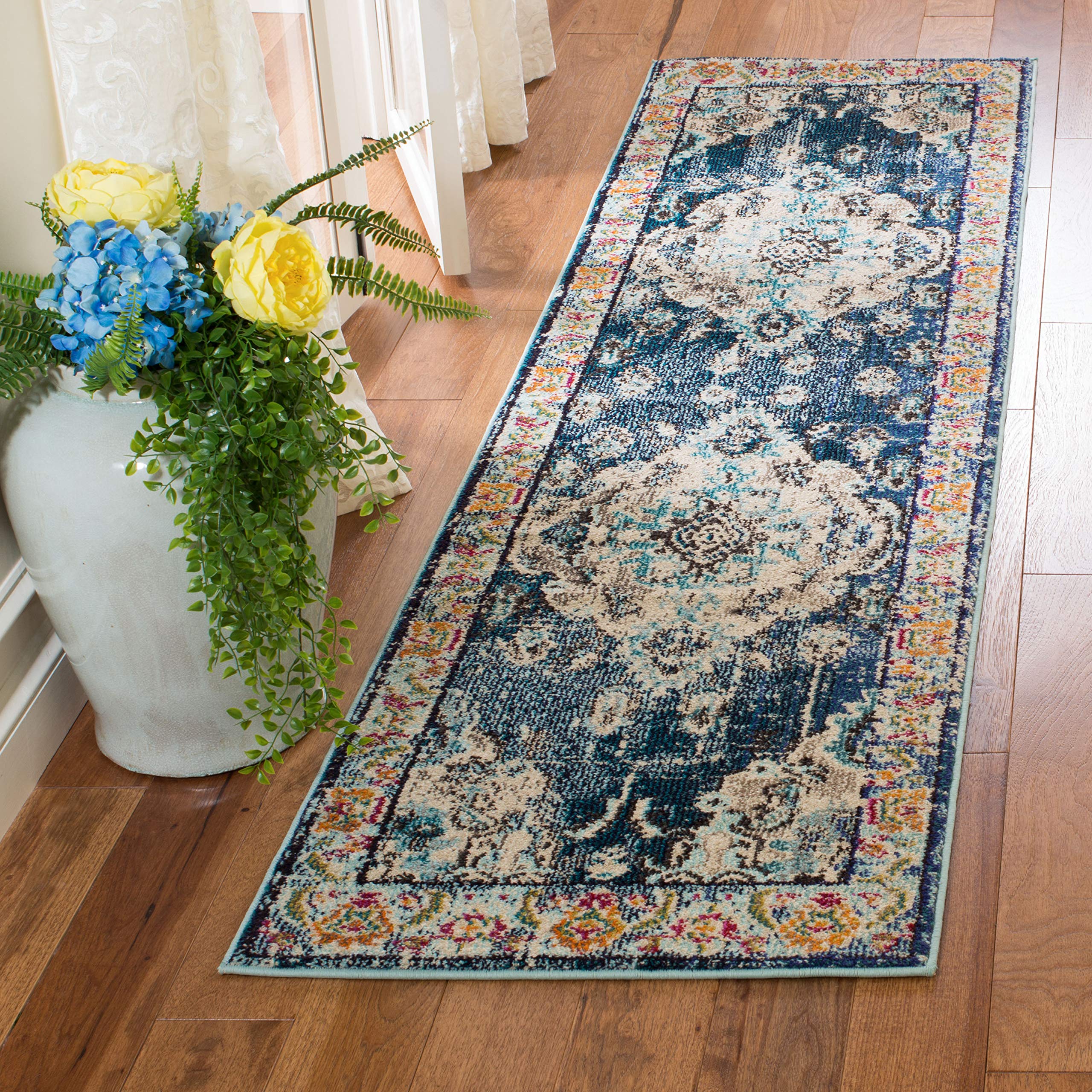 SAFAVIEH Monaco Collection Runner Rug - 22 x 8, Navy & Light Blue, Boho Chic Medallion Distressed Design, Non-Shedding & Easy 