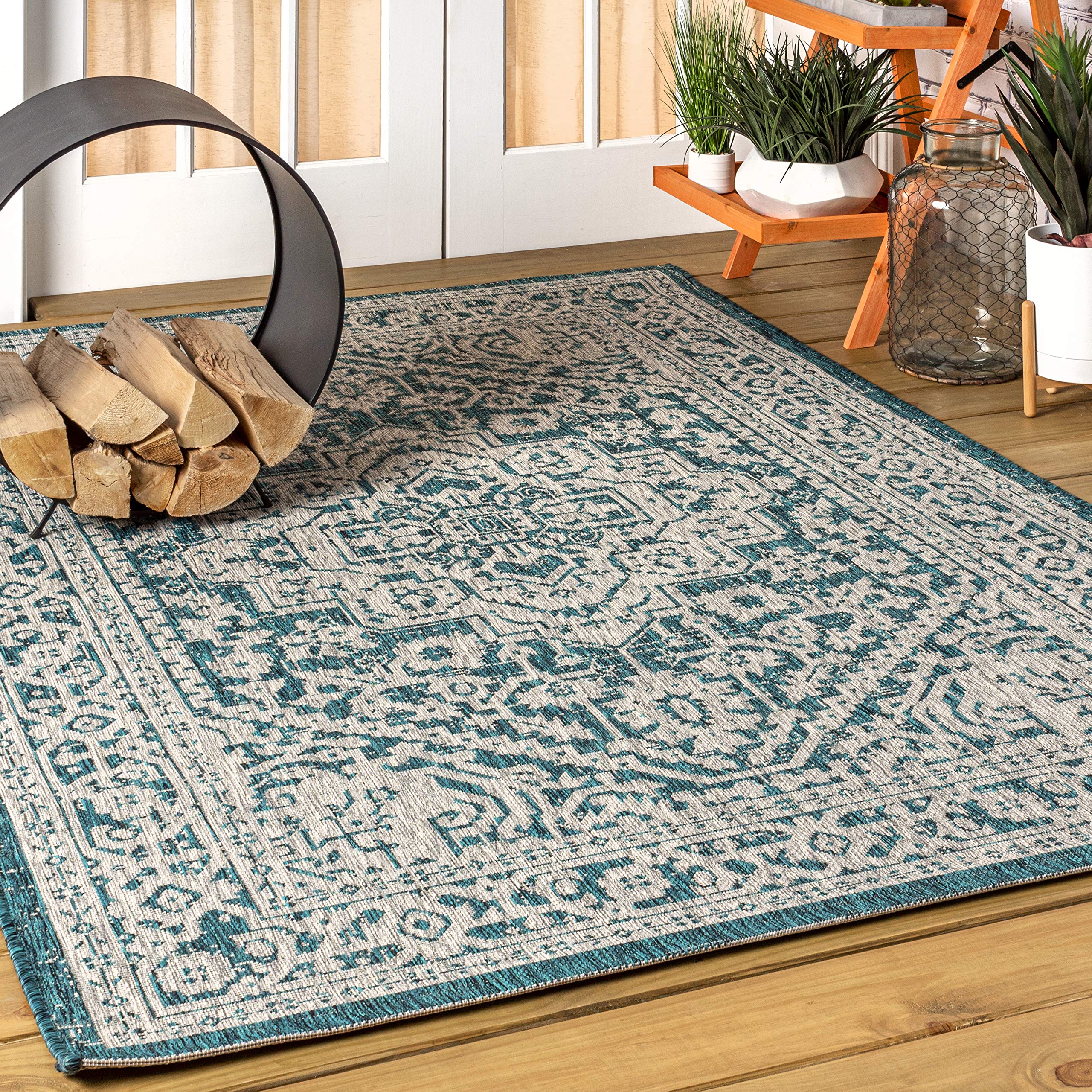Jonathan Y Smb101C-14 Sinjuri Medallion Textured Weave Teal Blue/Gray 10 Ft. X 14 Ft. Indoor/Outdoor Area Rug, Pet Friendly, Non