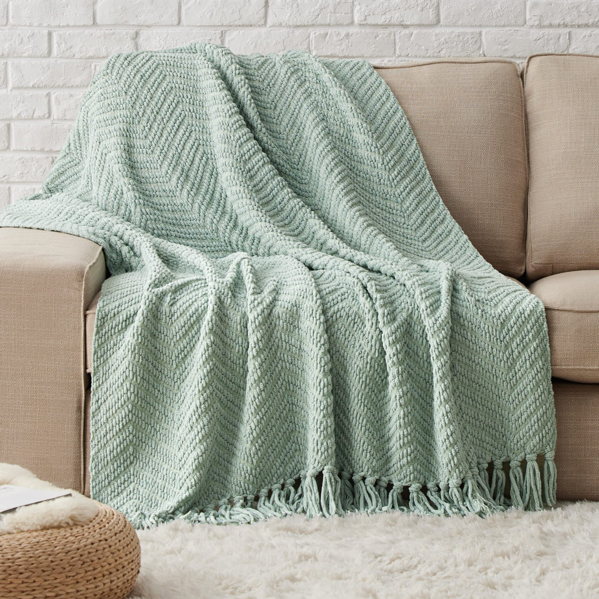 Bedsure Sage Green Throw Blanket For Couch - Versatile Knit Woven Chenille Blanket For Chair, Super Soft, Warm & Decorative Blan