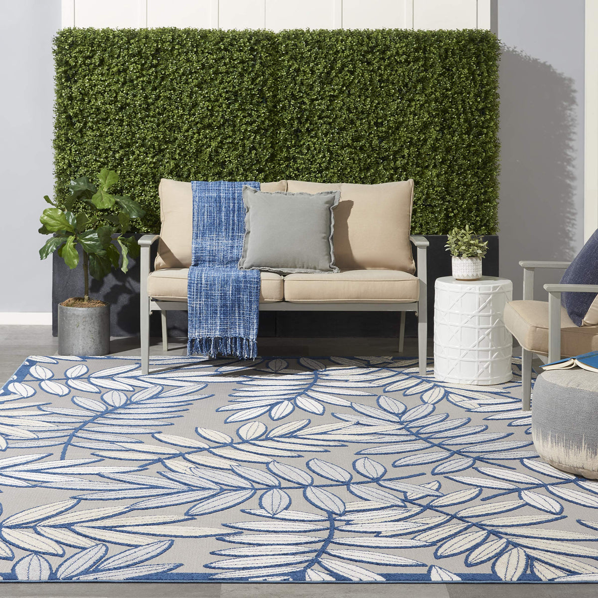 Nourison Aloha Indoor/Outdoor Ivory/Navy 7' X 10' Area Rug, Tropical, Botanical, Easy Cleaning, Non Shedding, Bed Room, Kitchen,