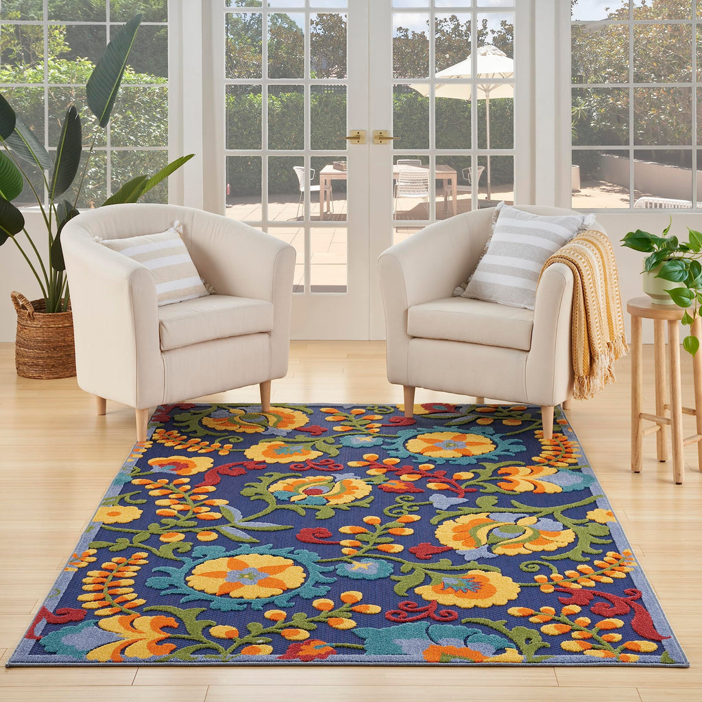 Nourison Aloha Indoor/Outdoor Modern Navy Multicolor 3'6' X 5'6' Area Rug, Easy Cleaning, Non Shedding, Bed Room, Living Room, Dining Room, Backyard, Deck, Patio (4X6)