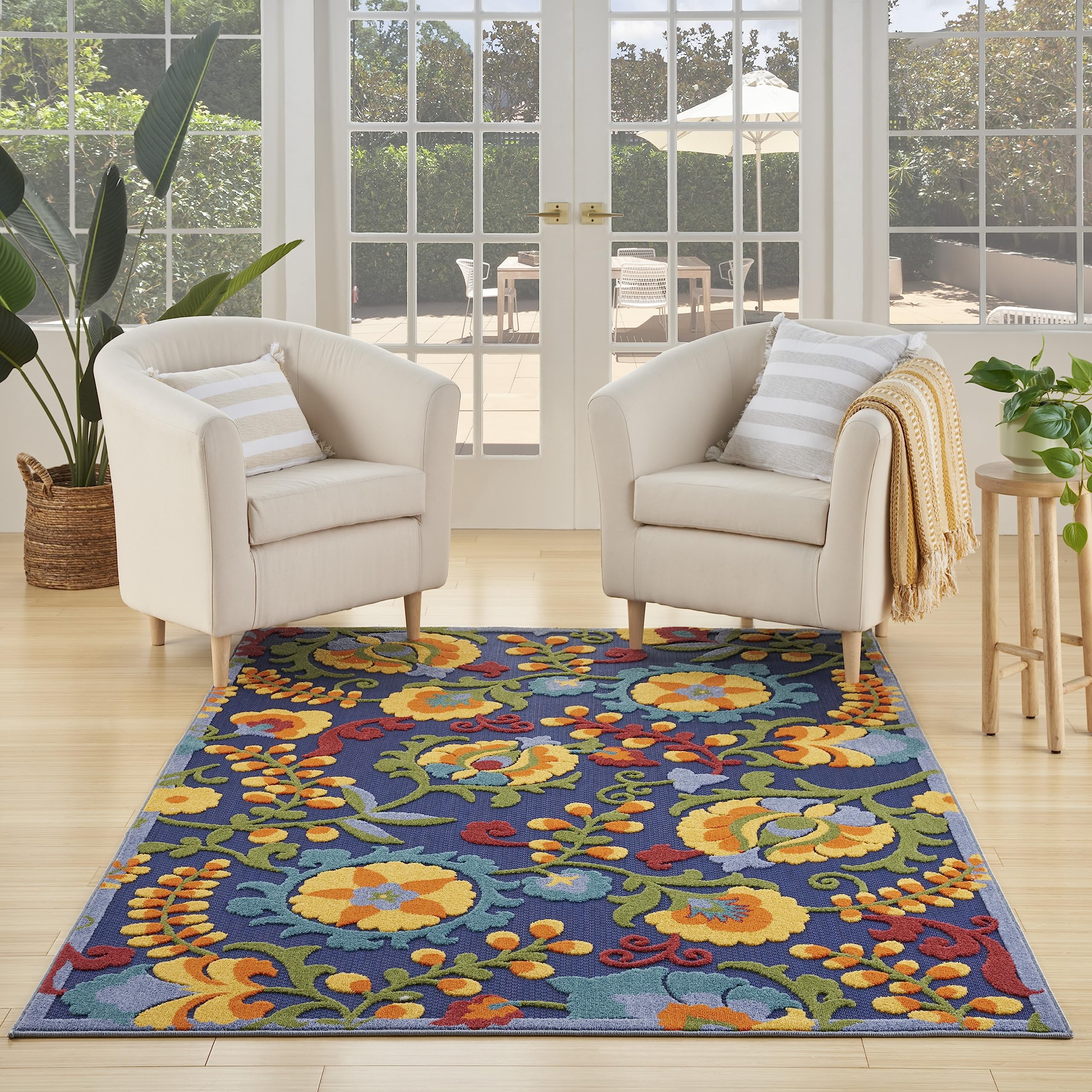 Nourison Aloha Indoor/Outdoor Modern Navy Multicolor 3'6' X 5'6' Area Rug, Easy Cleaning, Non Shedding, Bed Room, Living Room, Dining Room, Backyard, Deck, Patio (4X6)