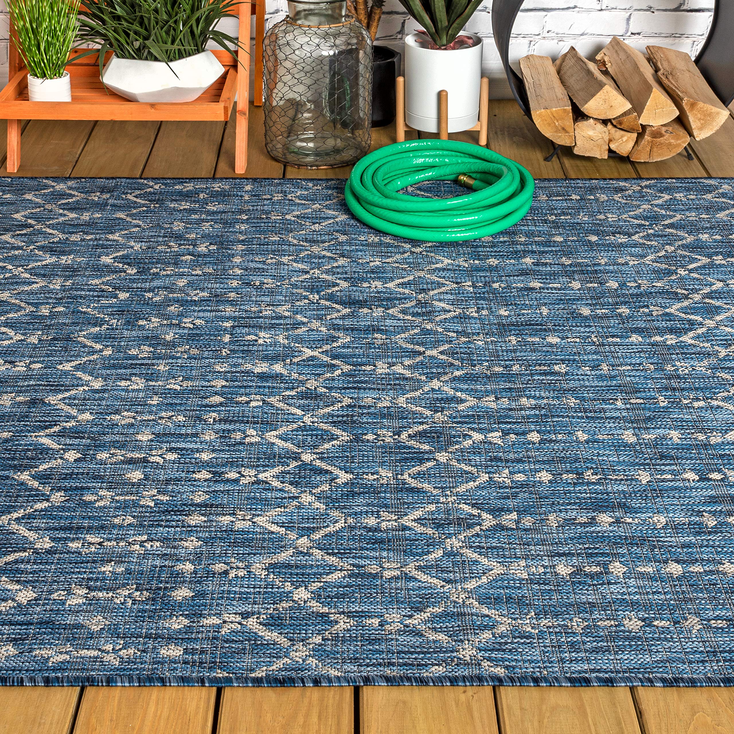 Jonathan Y Smb108B-8 Ourika Moroccan Geometric Textured Weave Indoor Outdoor Area Rug, Bohemian, Rustic, Scandinavian Easy Cleaning,Bedroom,Kitchen,Backyard,Patio,Non Shedding, Navy/Light Gray, 8 X 10