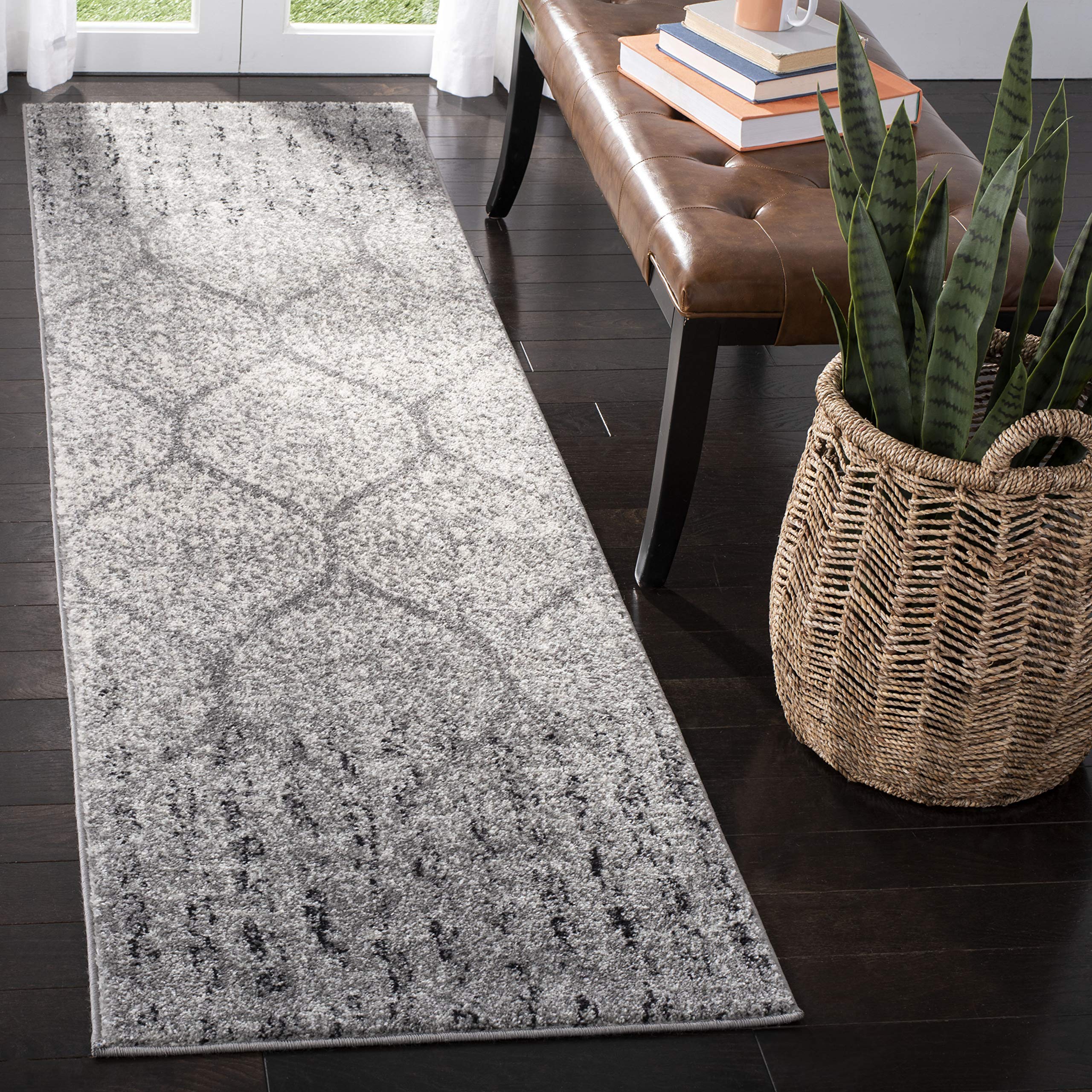 SAFAVIEH Madison Collection Runner Rug - 23 x 14, Grey & Ivory, Glam Ogee Trellis Distressed Design, Non-Shedding & Easy Care,