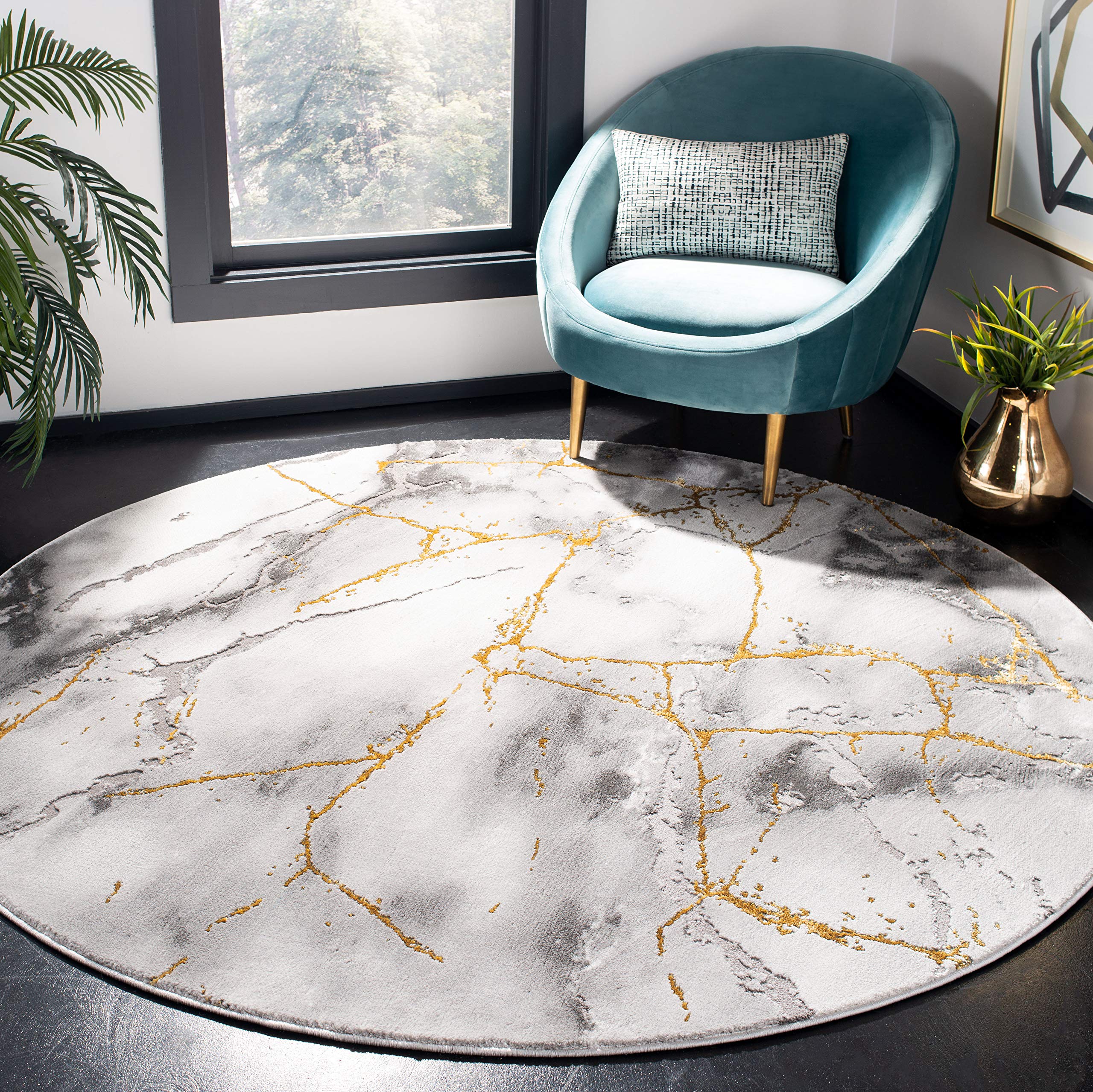 SAFAVIEH Craft Collection 3 Round Grey / Gold CFT877F Modern Abstract Non-Shedding Dining Room Entryway Foyer Living Room Bedro
