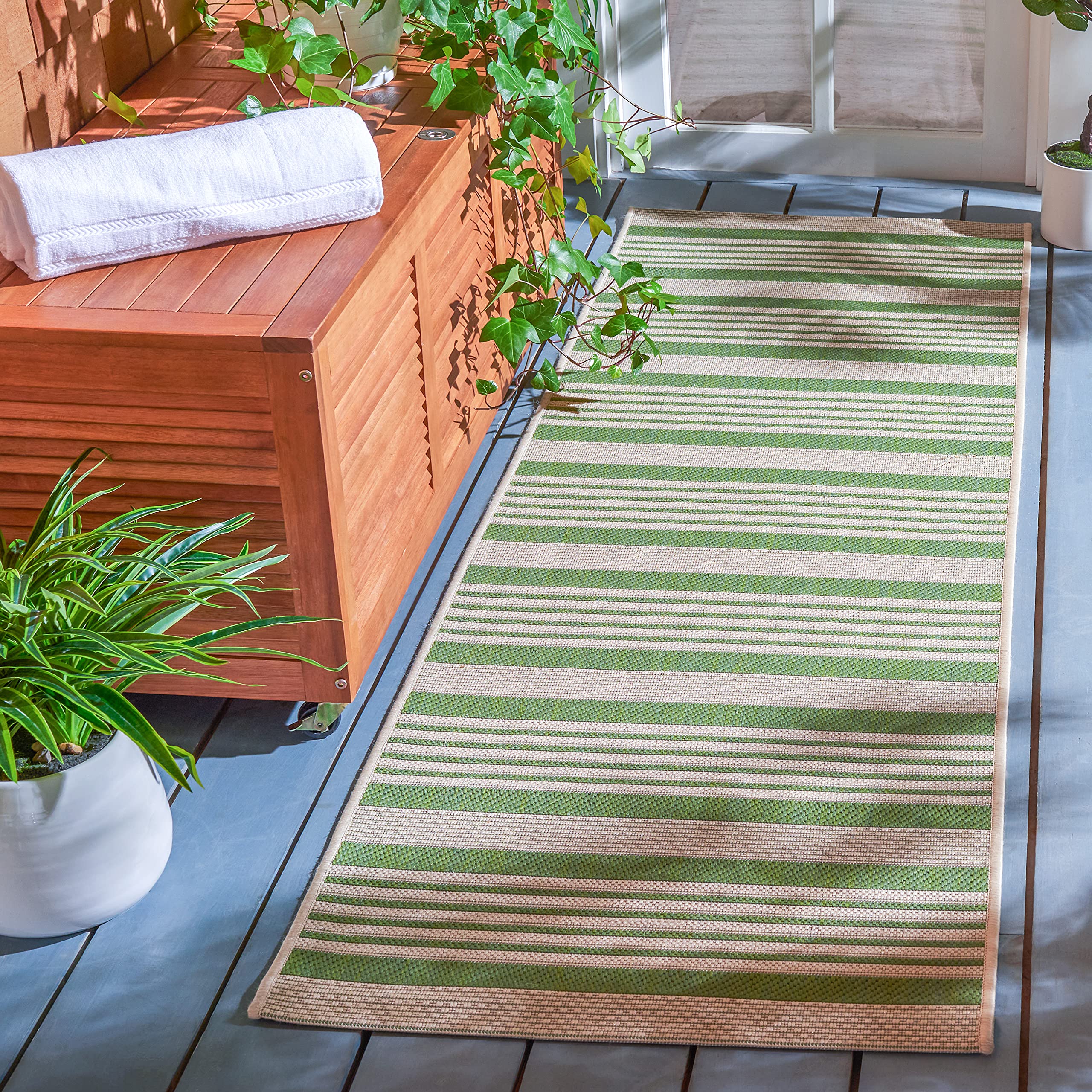 Safavieh Courtyard Collection 2'3' X 12' Green/Beige Cy6062 Stripe Indoor/ Outdoor Patio Backyard Mudroom Runner Rug