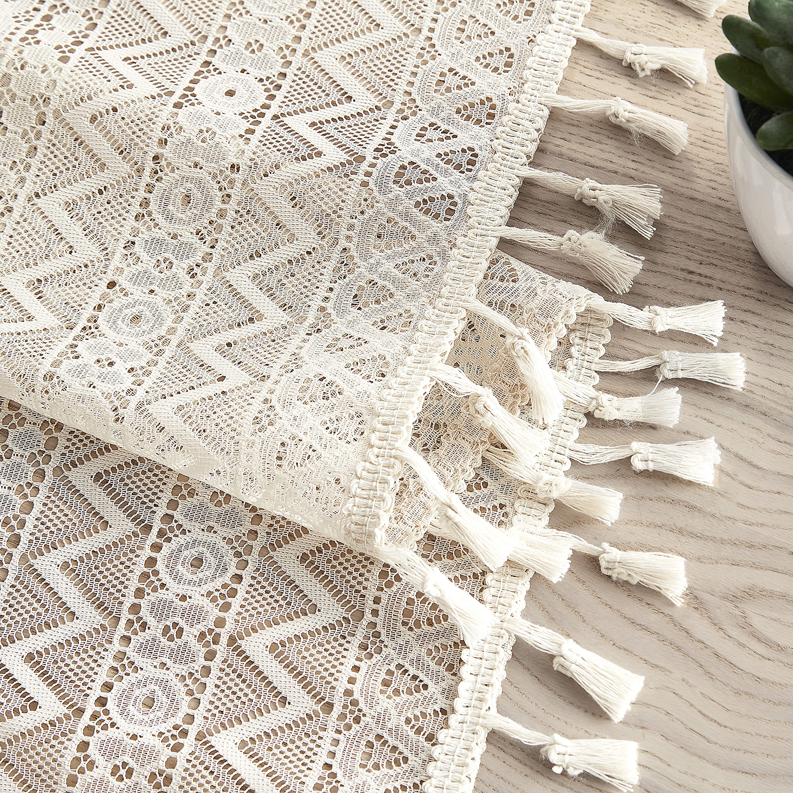 Zjdecor Beige Boho Lace Sheer Curtains With Cute Tassels 72 Inches Length,Vintage Geo Pattern,Farmhouse Drapes For Living Room B