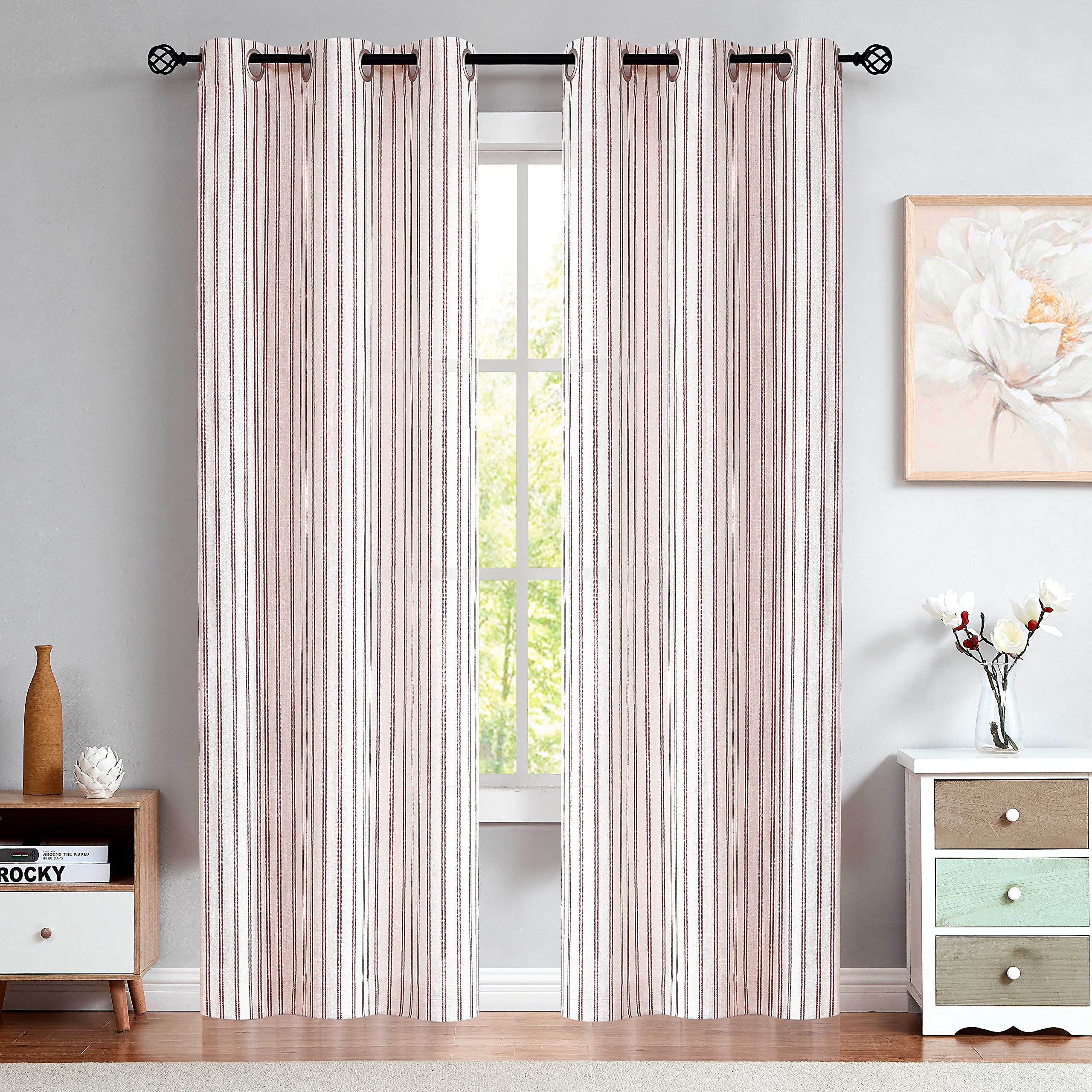 Randall Linen Stripe Semi Sheer Curtain Panels Living room Farmhouse Rustic Contemporary Window Treatment Drapery Sets, 40x95x2,