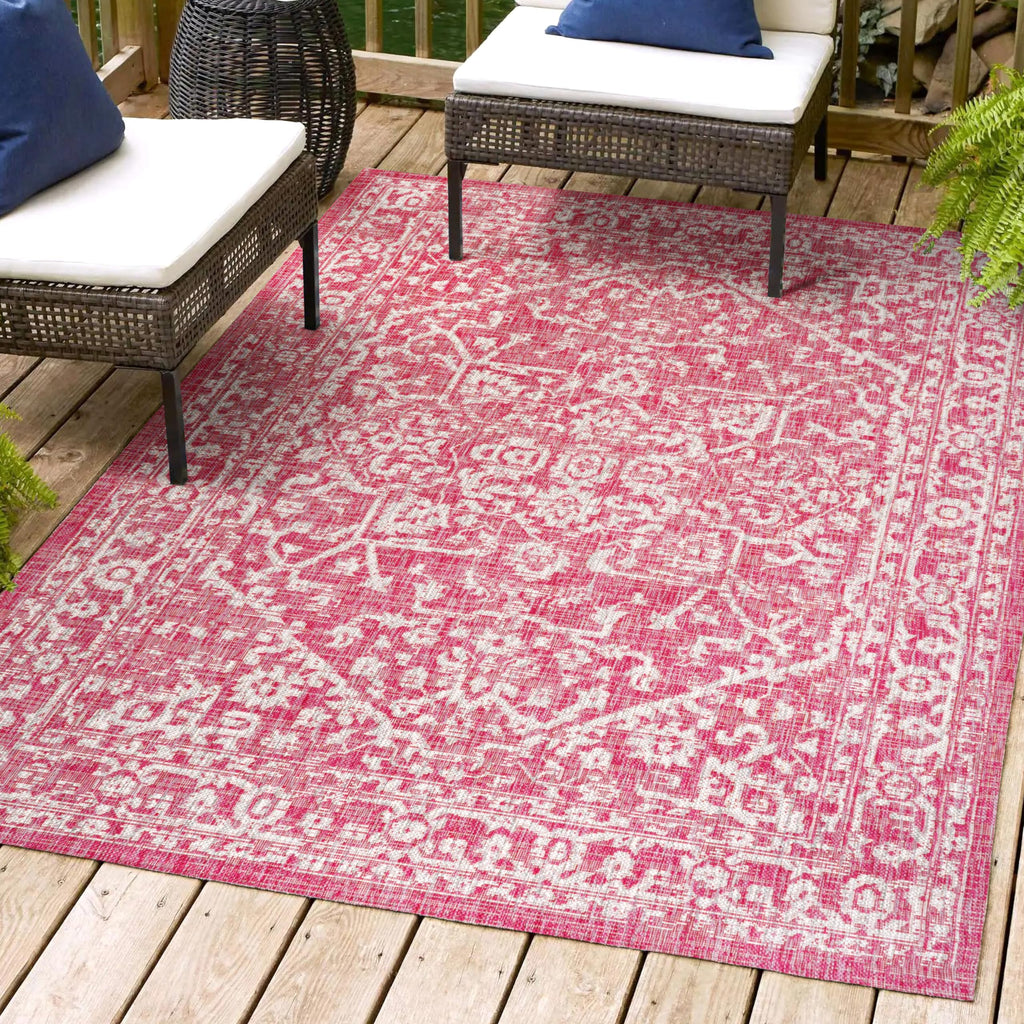 Jonathan Y Smb104E-5 Malta Bohemian Medallion Textured Weave Indoor Outdoor Area-Rug, Coastal Traditional Easy-Cleaning,Bedroom,Kitchen,Backyard,Patio,Non Shedding, 5 X 8, Fuchsia/Light Gray