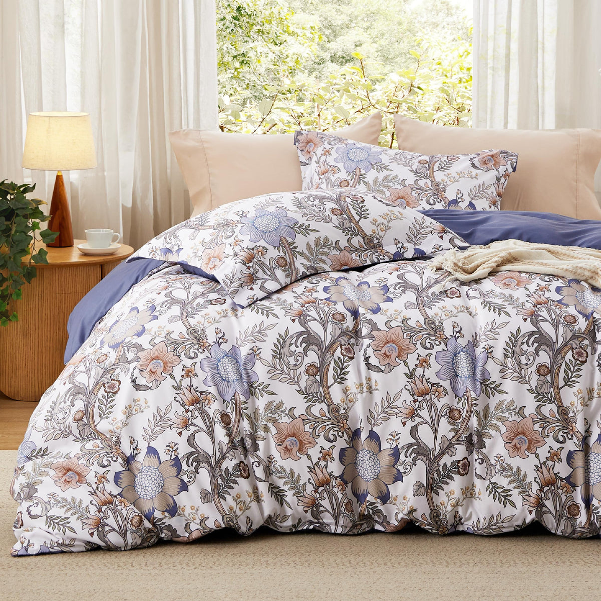 Bedsure Duvet Cover Queen Size - Reversible Blue Duvet Cover Set With Zipper Closure, Blossom Patterned Bedding Comforter Cover,
