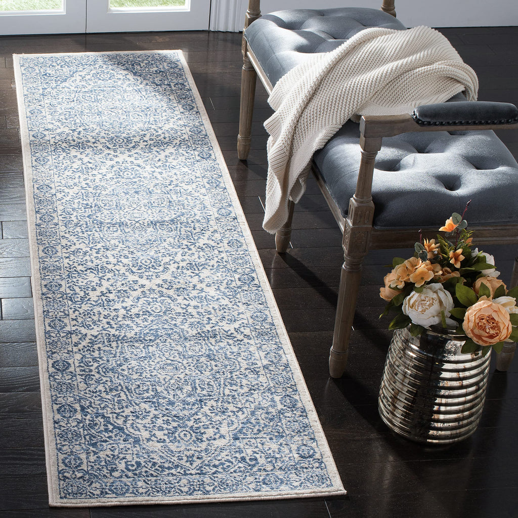 SAFAVIEH Brentwood Collection 2' x 14' Navy / Light Grey BNT832M Medallion Distressed Non-Shedding Living Room Bedroom Runner Ru