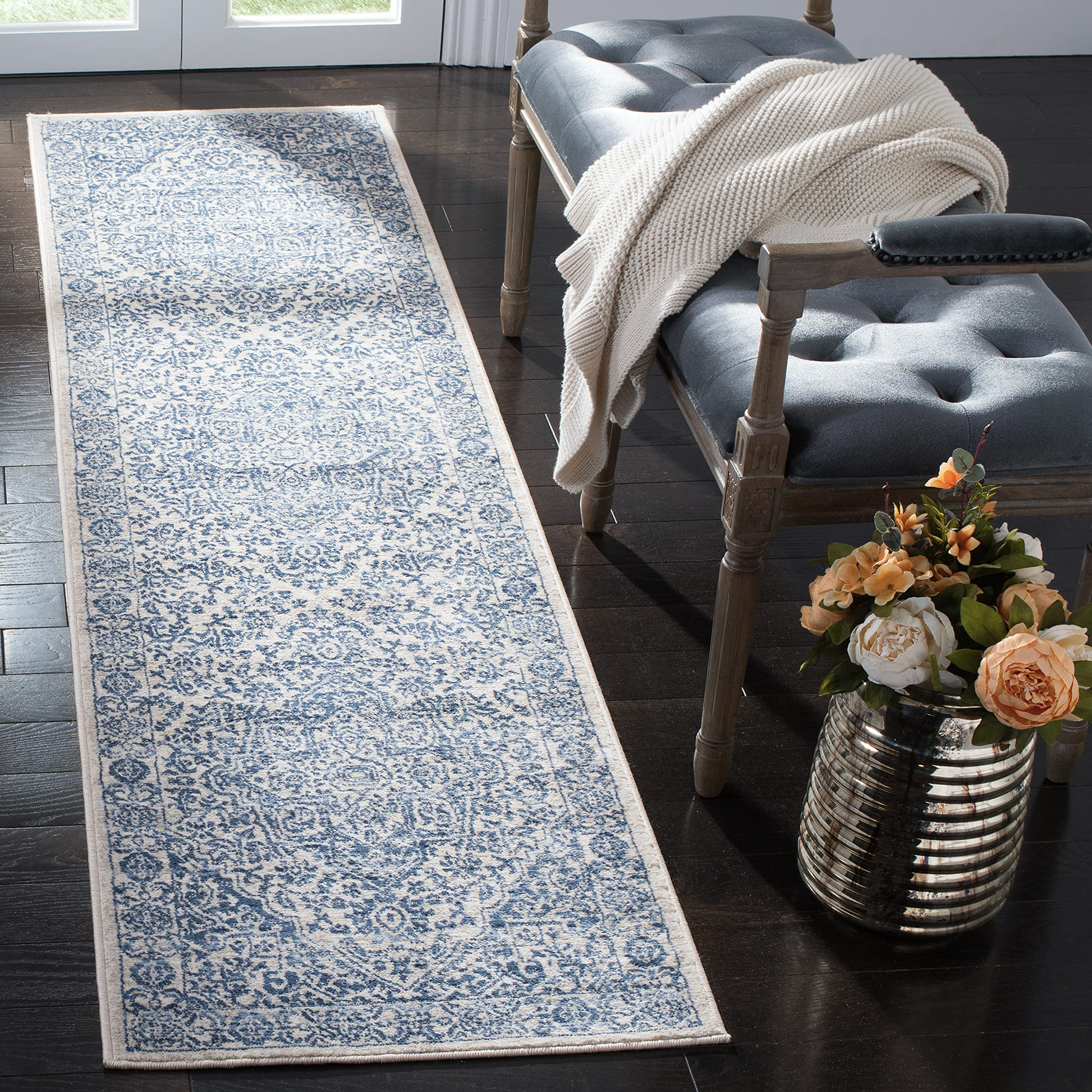 SAFAVIEH Brentwood Collection 2' x 14' Navy / Light Grey BNT832M Medallion Distressed Non-Shedding Living Room Bedroom Runner Ru