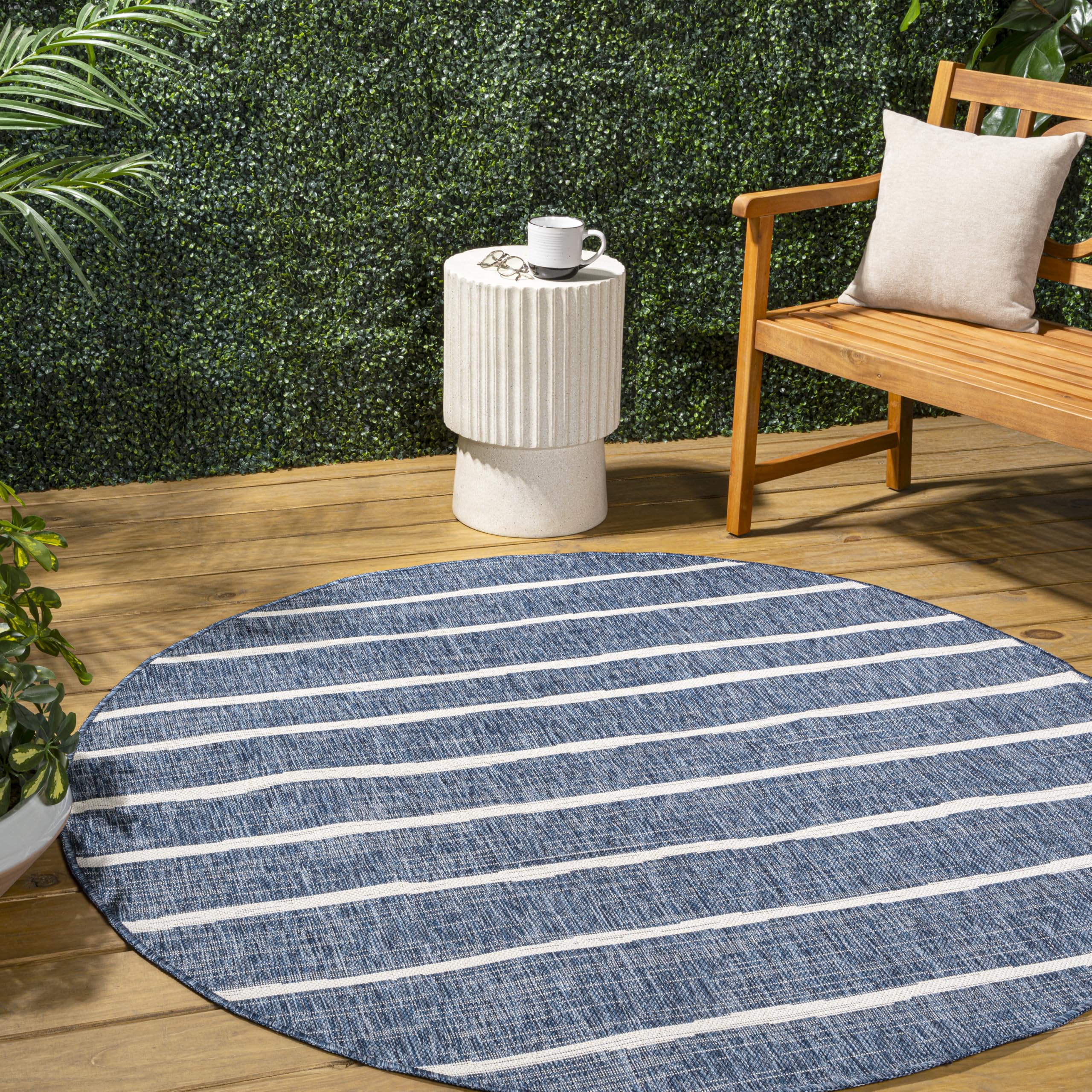 JONATHAN Y SMB125C-8R Colonia Berber Stripe Blue/Ivory 8 Round Indoor/Outdoor Area Rug, Pet Friendly, Non-Shedding, Stain Resis