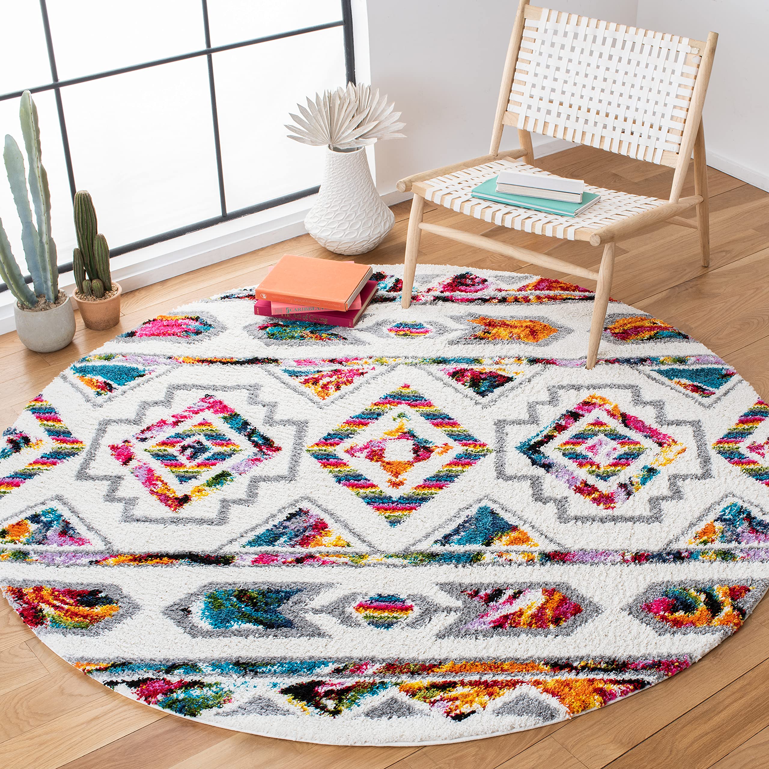SAFAVIEH Fiesta Shag Collection 4 Round Cream/Multi FSG365A Moroccan Boho Non-Shedding Entryway Foyer Living Room Bedroom Kitch