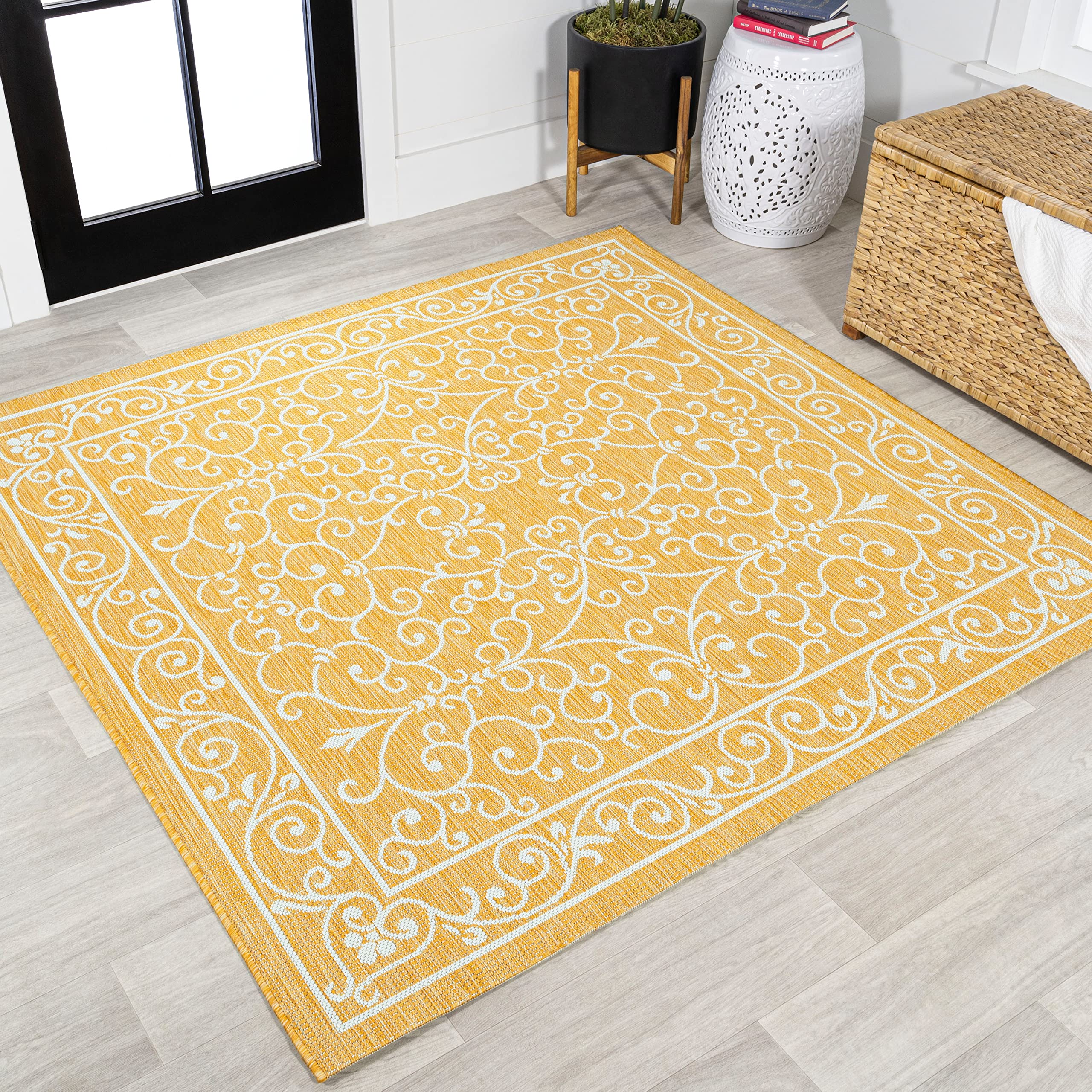 Jonathan Y Smb106L-5Sq Charleston Vintage Filigree Textured Weave Indoor Outdoor Area Rug, Classic Traditional Transitional Easy Cleaning,Bedroom,Kitchen,Backyard,Patio, Yellow/Cream, 5' Square