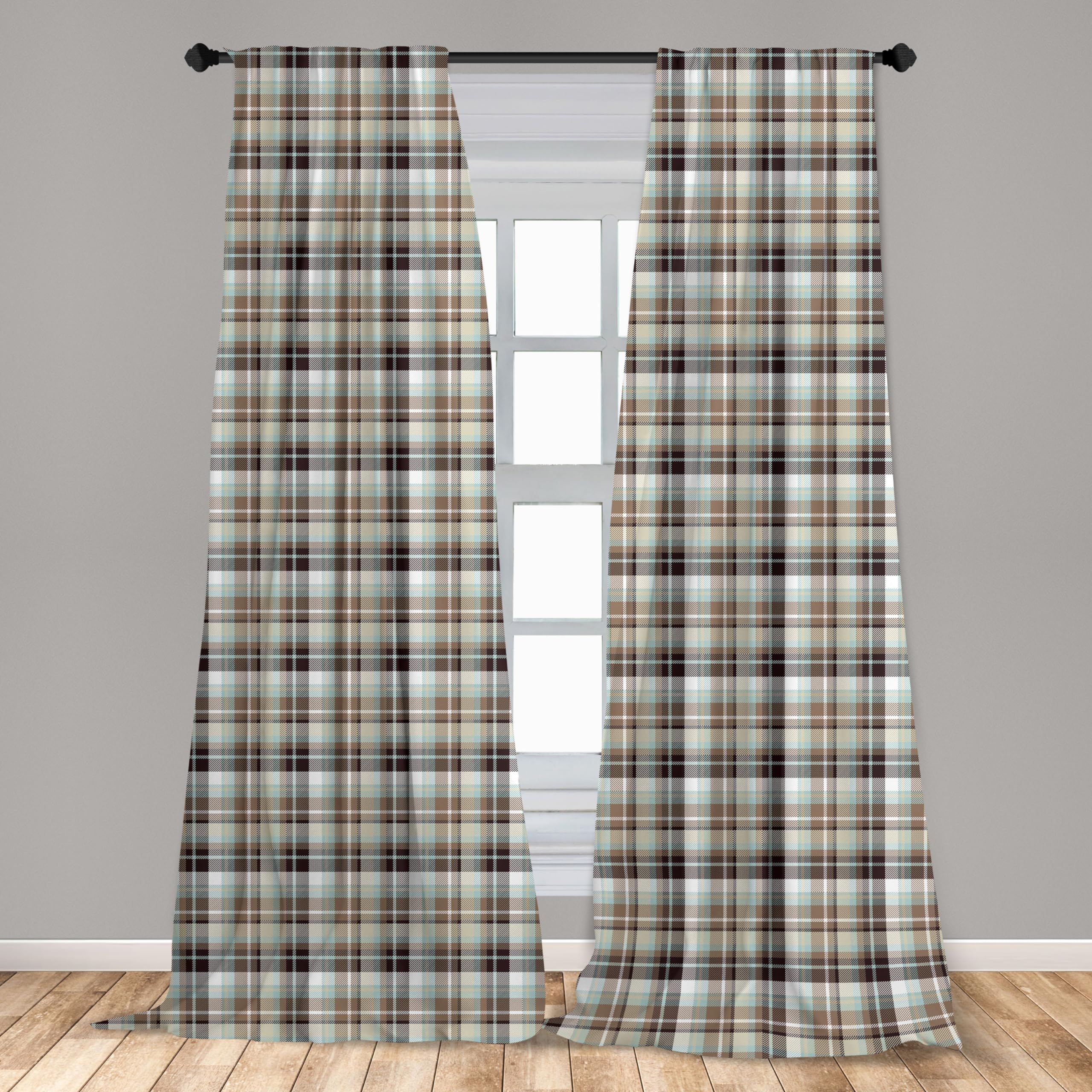 Ambesonne Brown Plaid Curtains, Brown Blue Associated Print Repeating Squares And Stripes Geometric Layout, Window Treatments 2