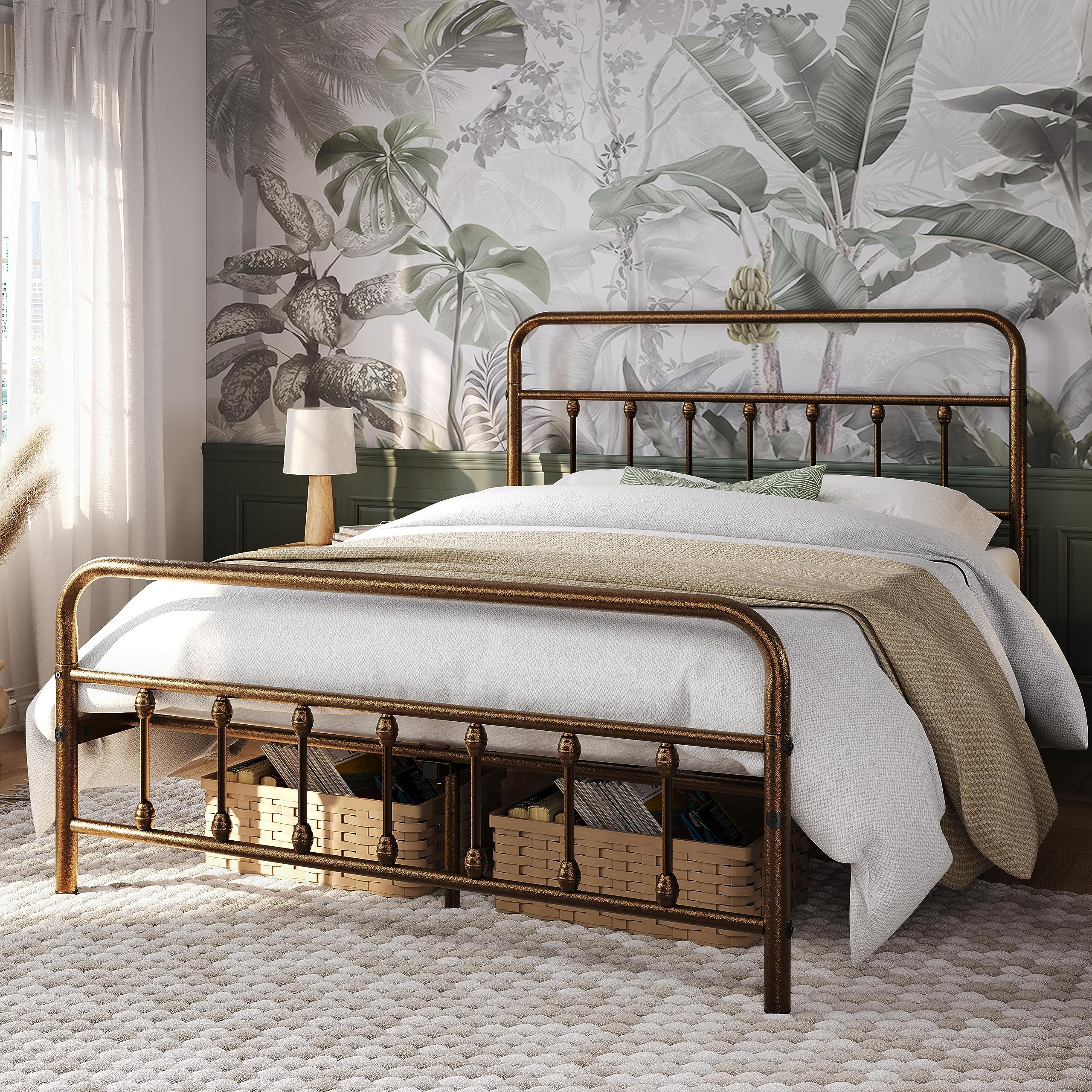 Yaheetech Classic Metal Platform Bed Frame Mattress Foundation With Victorian Style Iron-Art Headboard/Footboard/Under Bed Storage/No Box Spring Needed/Queen Size Bronze