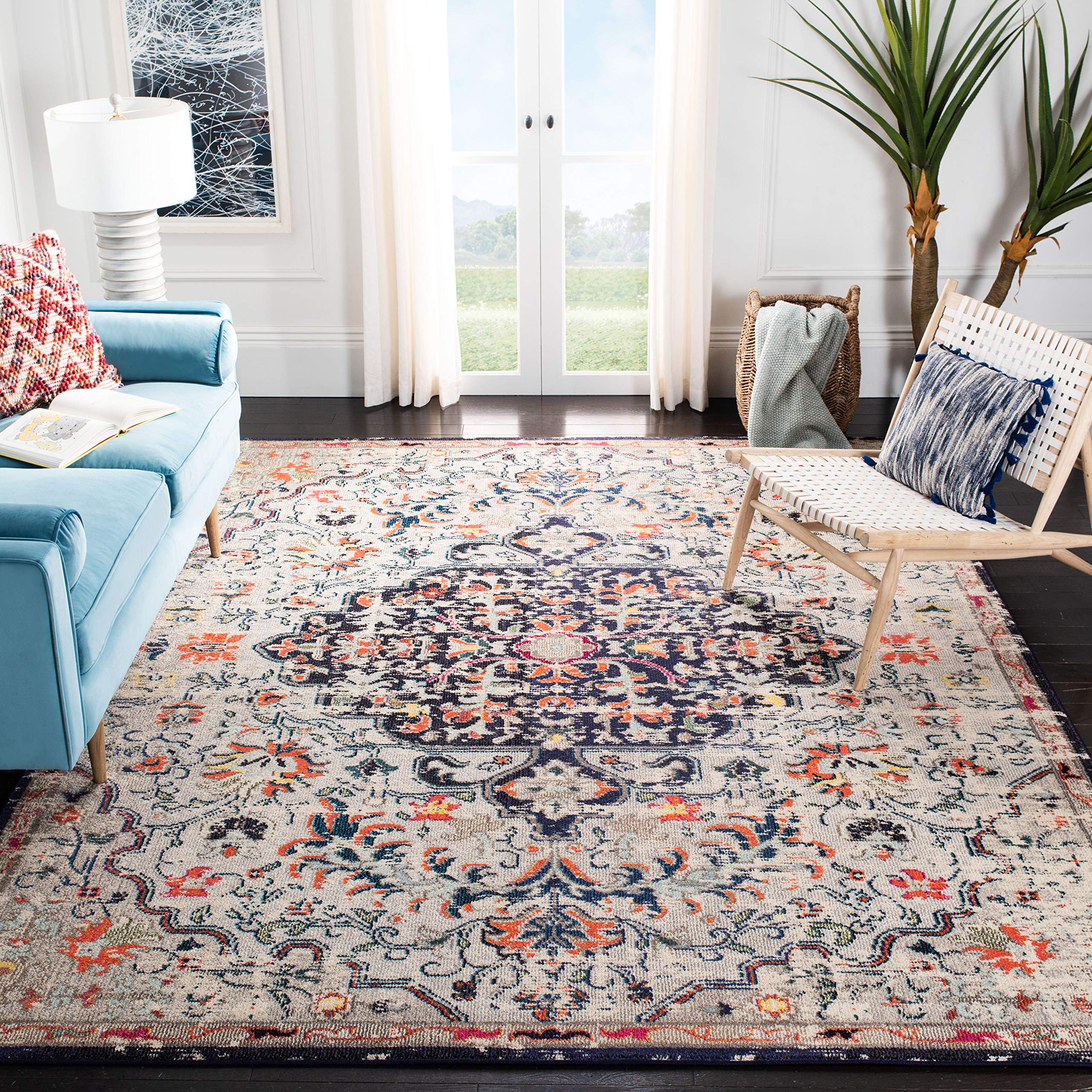 SAFAVIEH Madison Collection Area Rug - 8 x 10, Beige & Black, Boho Chic Medallion Distressed Design, Non-Shedding & Easy Care,