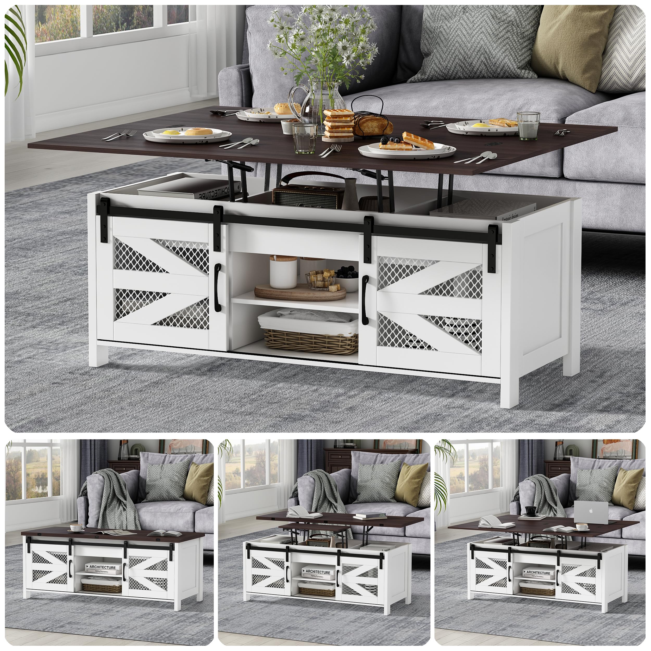 wanan 47.2  Lift Top Coffee Table, 4 in 1 Farmhouse Coffee Table with Sliding Barn Doors, Coffee Tables for Living Room, Dining 