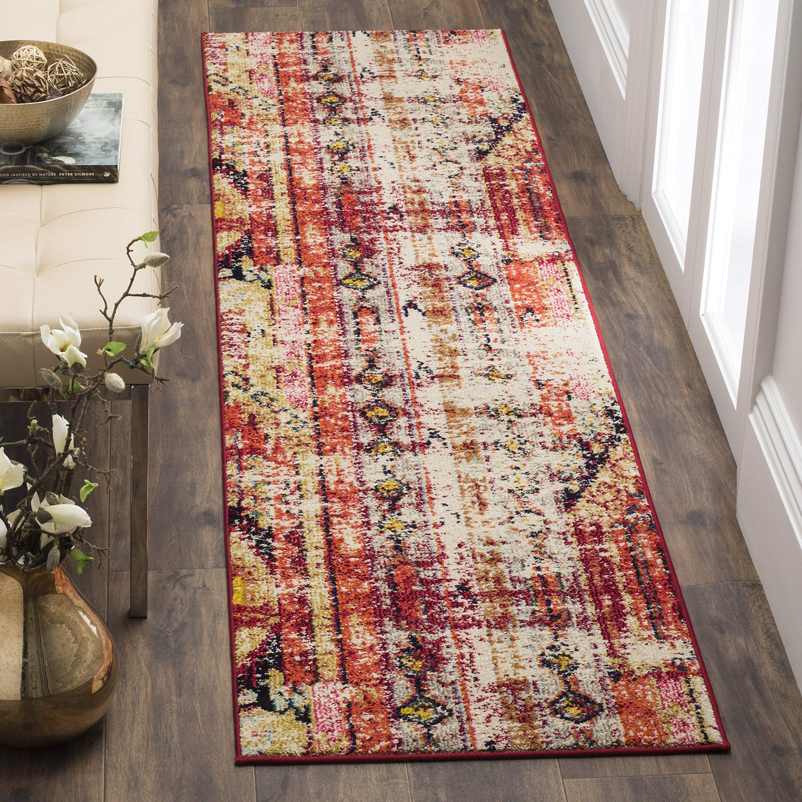SAFAVIEH Monaco Collection Runner Rug - 22 x 8, Magenta & Multi, Boho Chic Tribal Distressed Design, Non-Shedding & Easy Care,