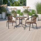 Flash Furniture Lila 28'' Round Glass Metal Table With Dark Brown Rattan Edging And 2 Dark Brown Rattan Stack Chairs