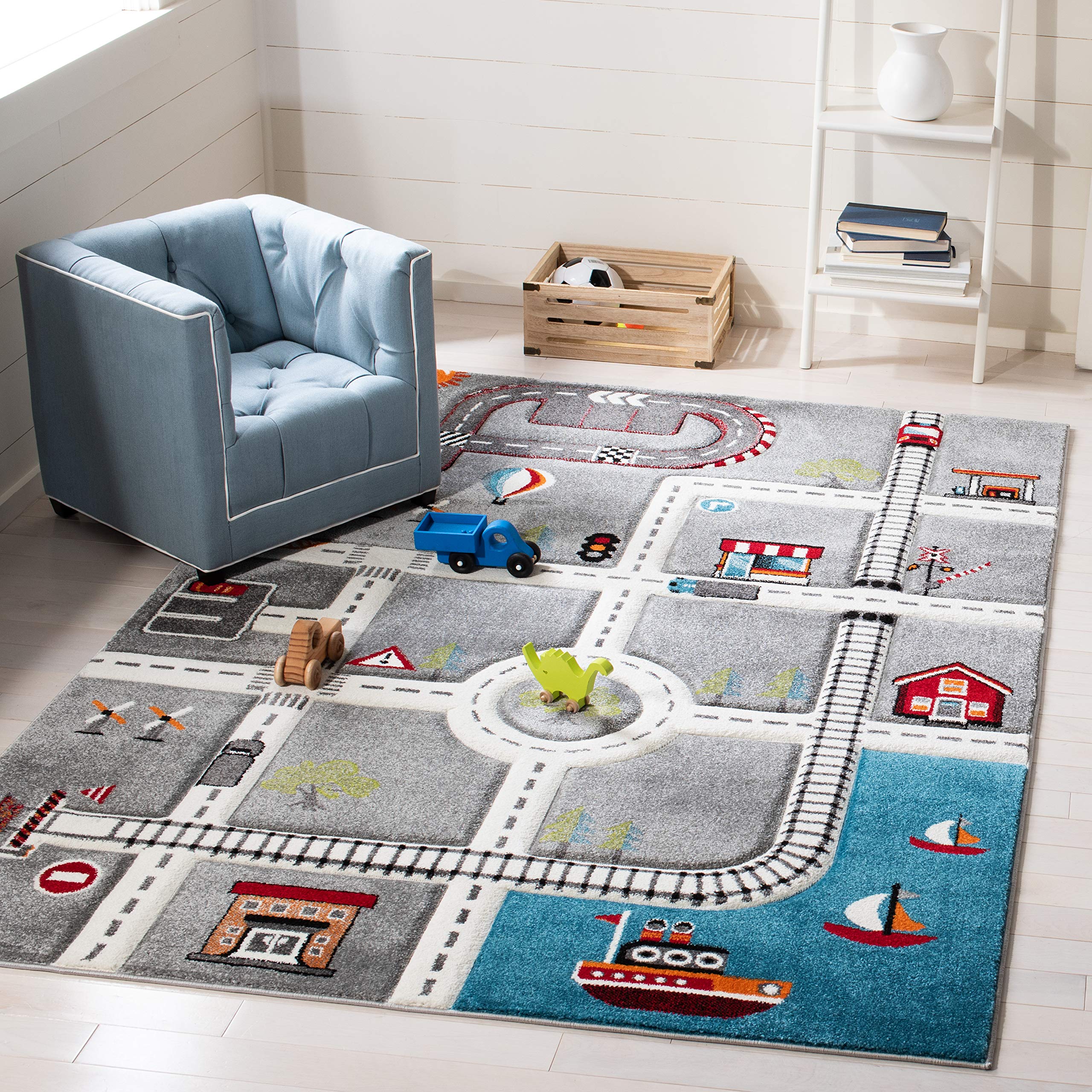 SAFAVIEH Carousel Kids Collection Accent Rug - 4 x 6, Grey & Ivory, Non-Shedding & Easy Care, Ideal for High Traffic Areas for