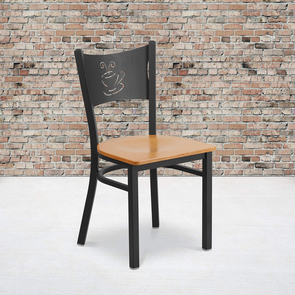 Flash Furniture HERCULES Series Black Coffee Back Metal Restaurant Chair - Natural Wood Seat